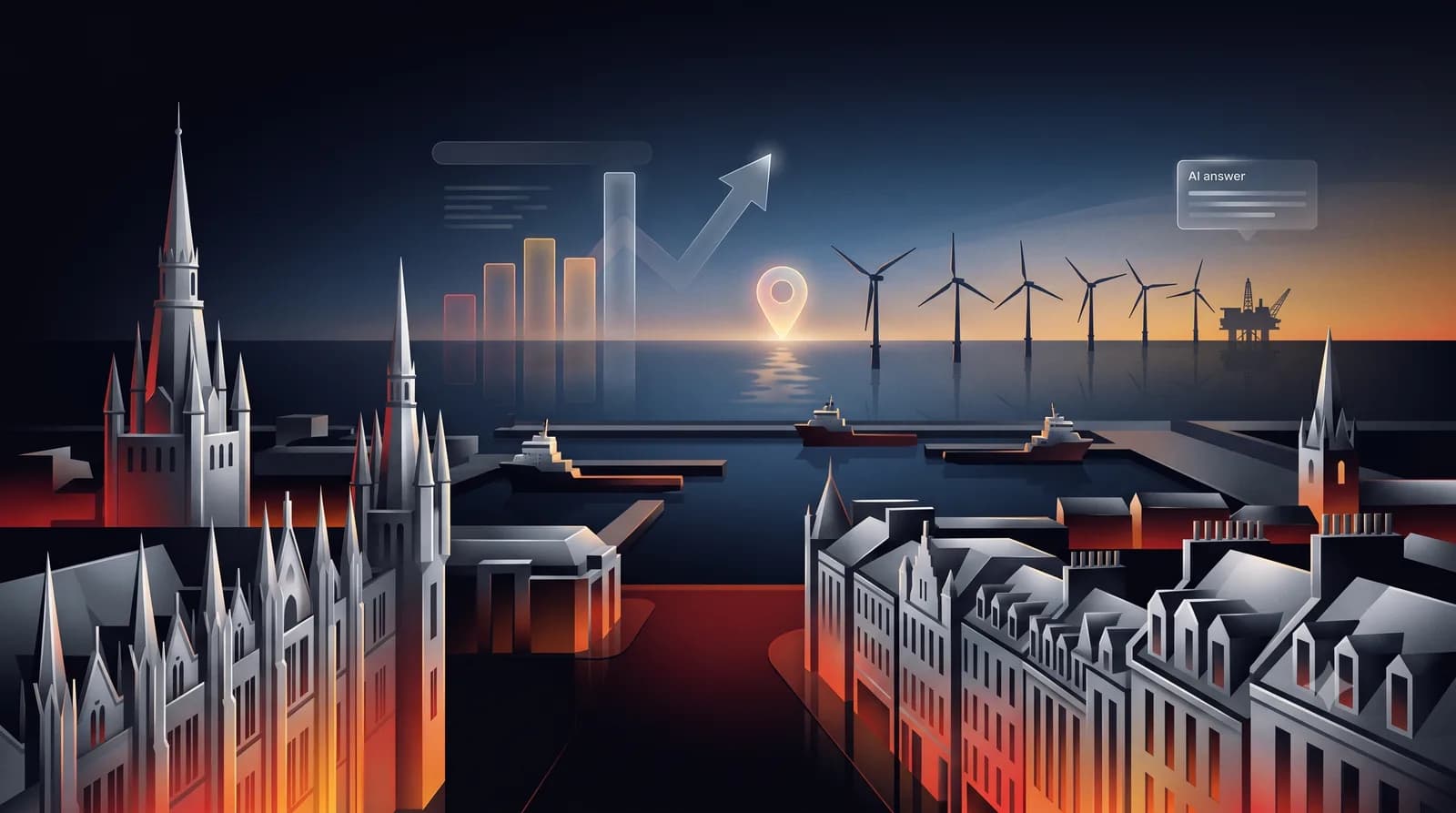 Illustration of Aberdeen, the Granite City, showing Marischal College and the harbour with offshore wind turbines and a North Sea platform on the horizon, overlaid with subtle search-ranking graphics, representing Aristral's Aberdeen SEO services