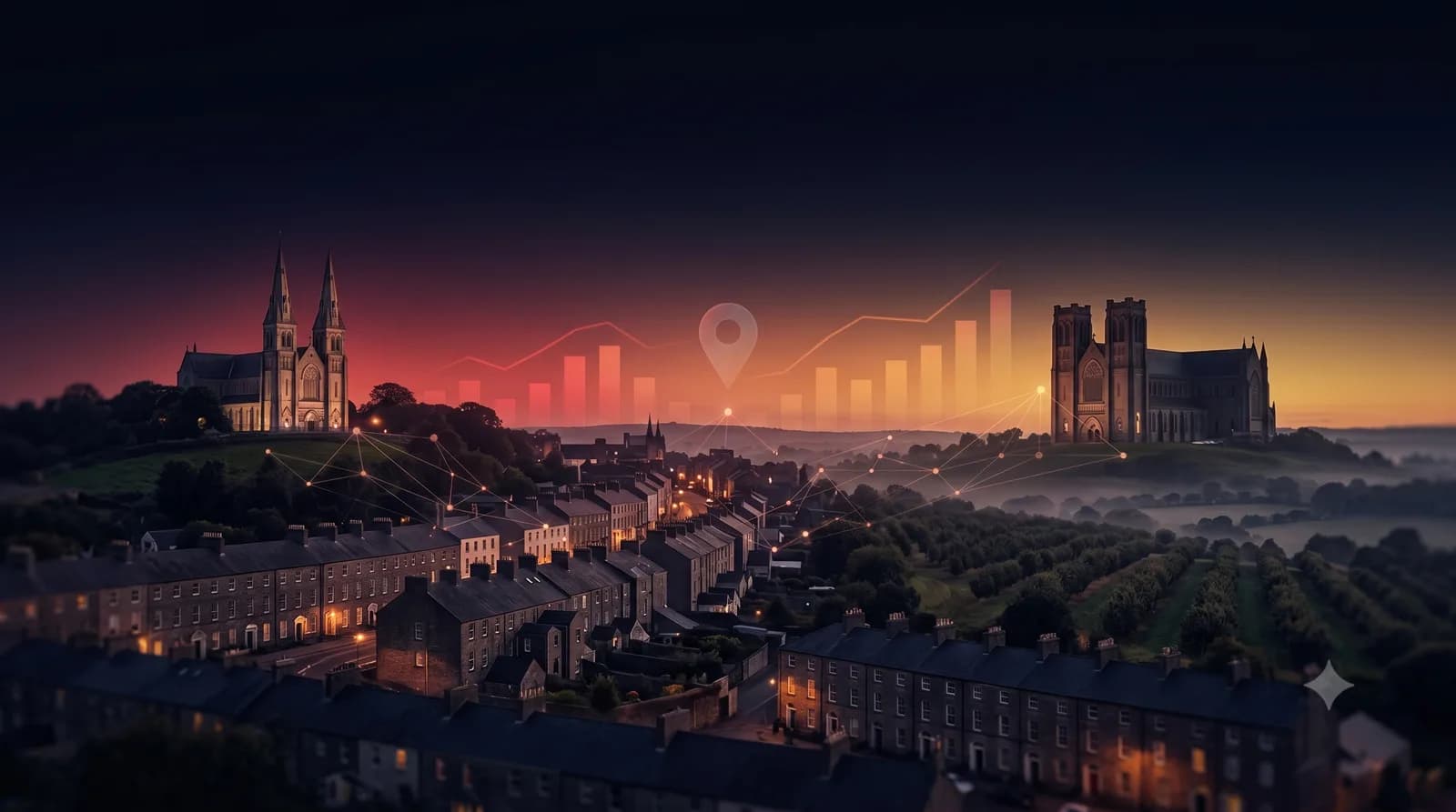 Illustration of Armagh, Northern Ireland at dusk with its two cathedrals on opposing hills and County Armagh orchards, overlaid with subtle search-ranking graphics representing Aristral's Armagh SEO services