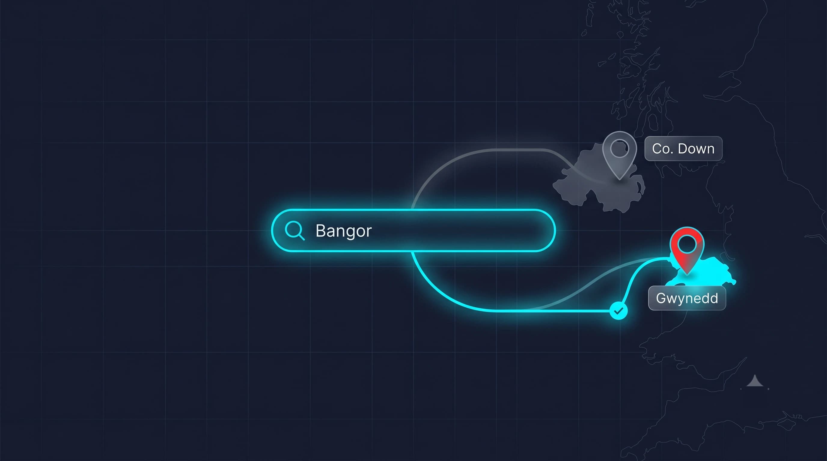Diagram of the two-Bangors search problem: a search for "Bangor" resolving to Bangor in Gwynedd, North Wales (highlighted) rather than Bangor in County Down, Northern Ireland