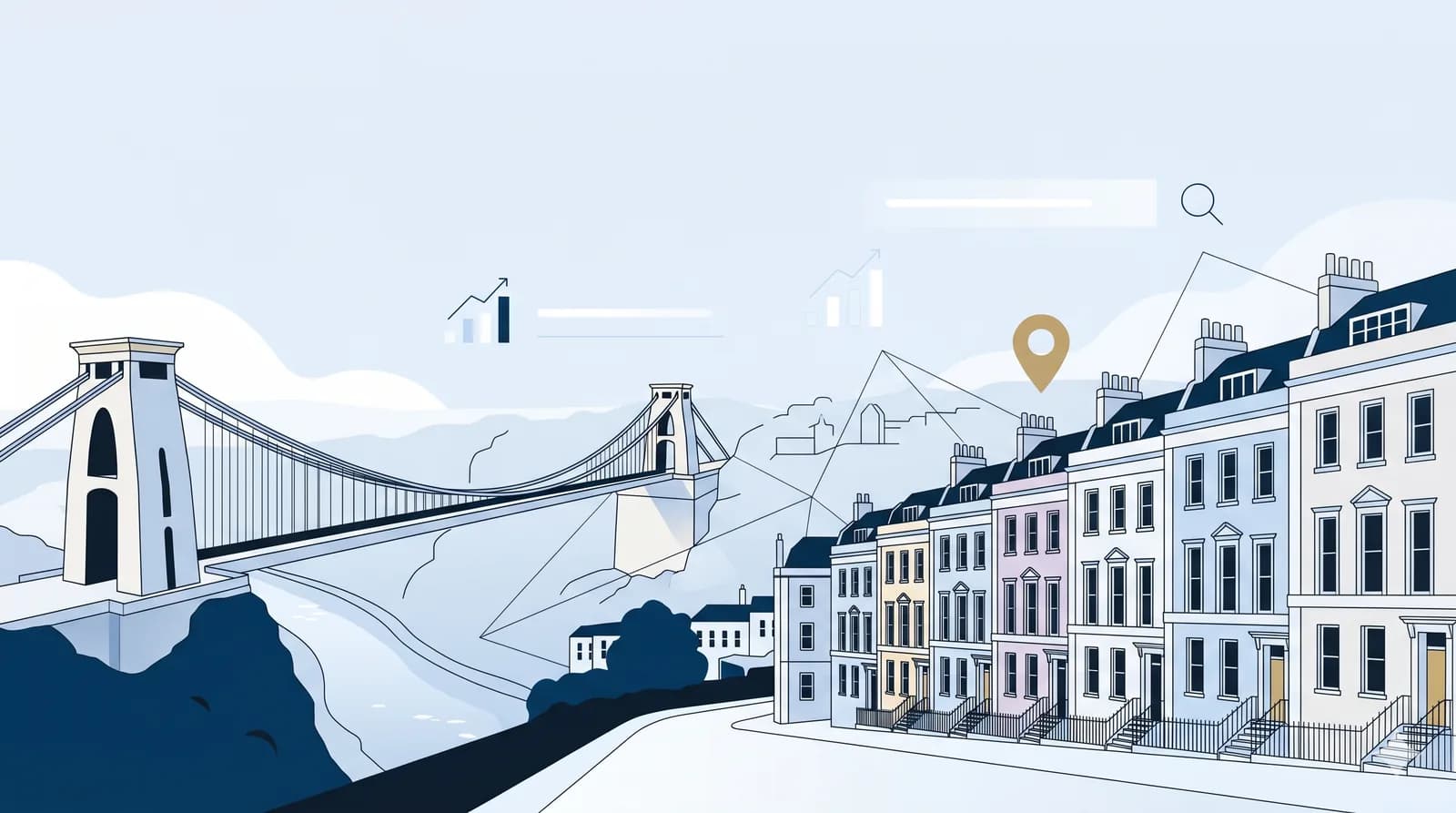 Illustration of Clifton, Bristol, showing the Clifton Suspension Bridge and Gloucester Road terraces with subtle search-ranking graphics, representing Aristral's Bristol SEO services