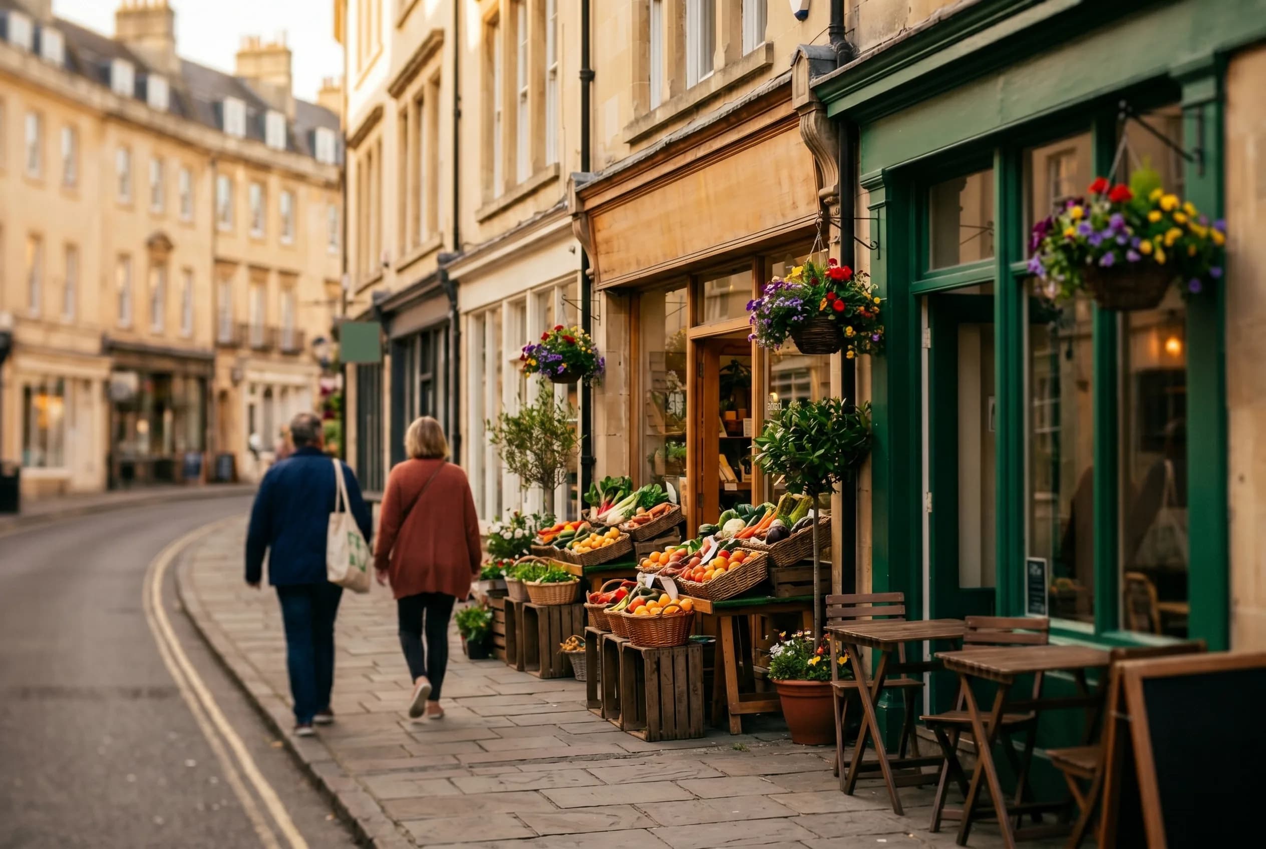 Bath independent high street at golden hour with honey-coloured Bath stone shopfronts, local businesses found by nearby customers through local SEO