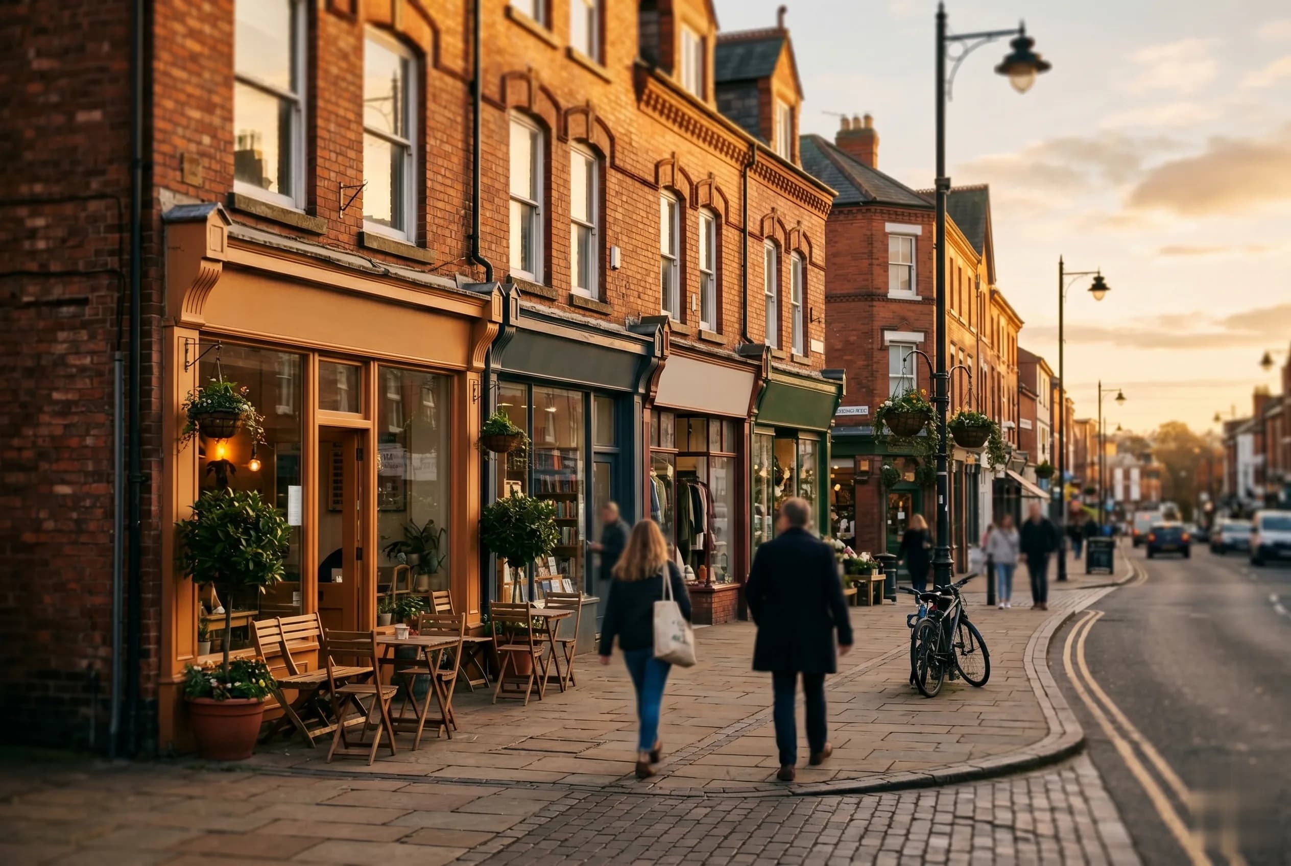 Birmingham independent high street at golden hour with vintage shopfronts, local businesses found by nearby customers through local SEO