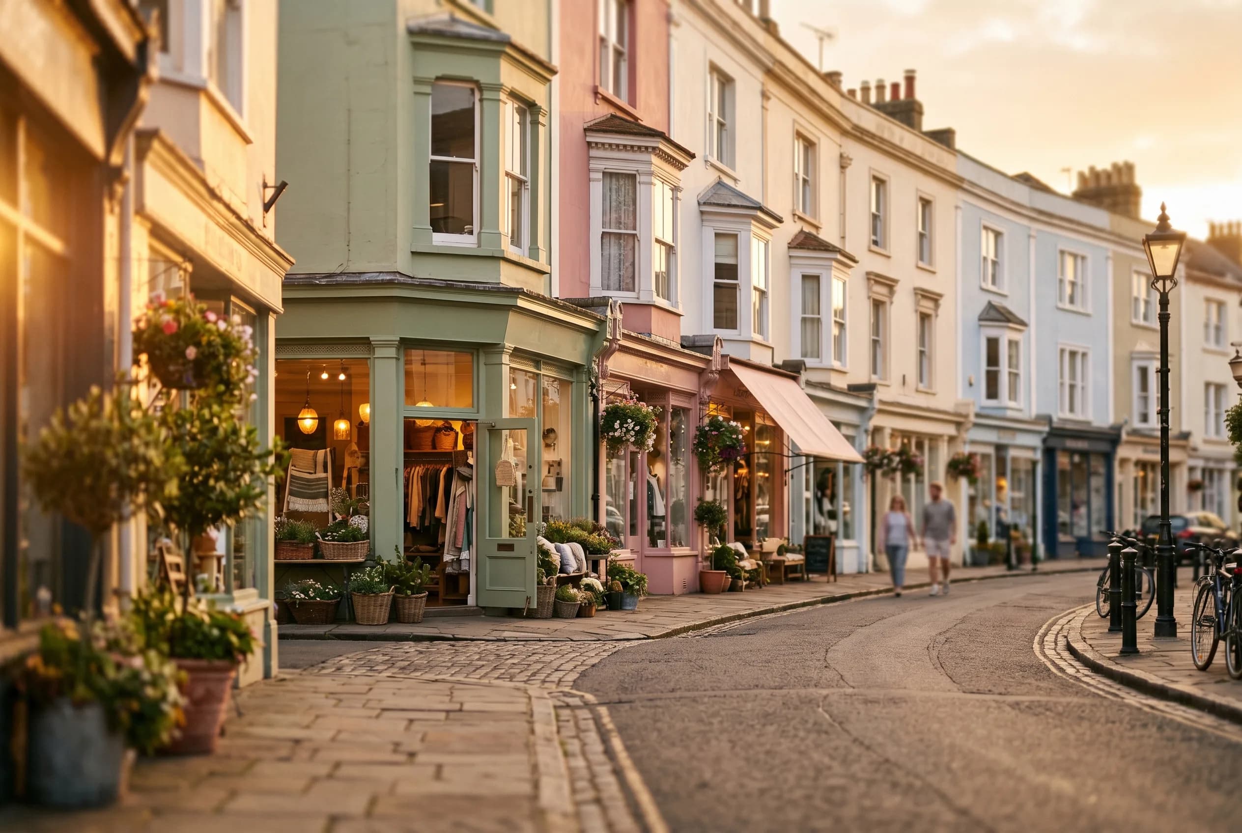 Bristol independent high street at golden hour with pastel shopfronts, local businesses found by nearby customers through local SEO