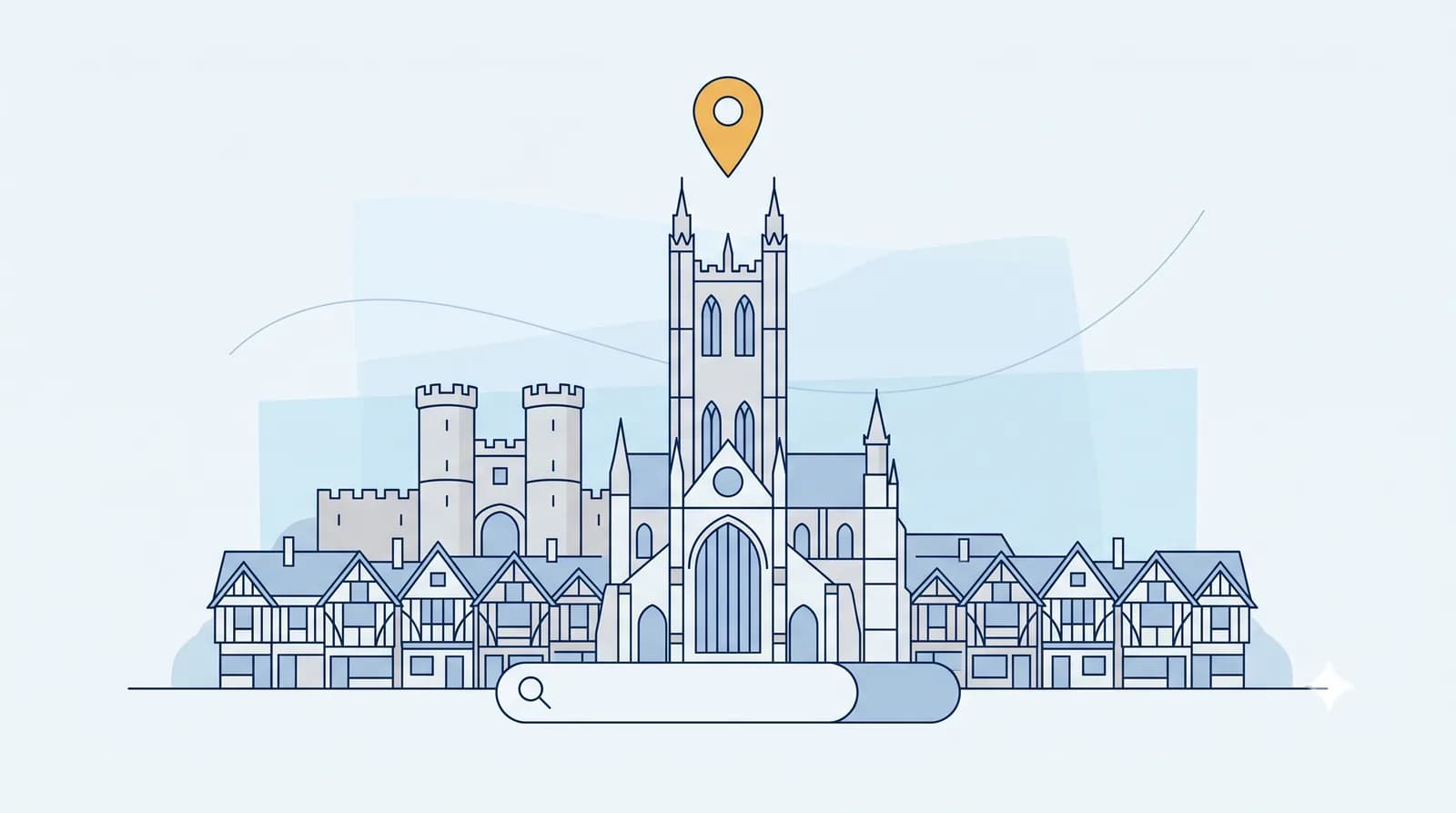 Illustrated Canterbury Cathedral with Westgate towers and a local search map pin