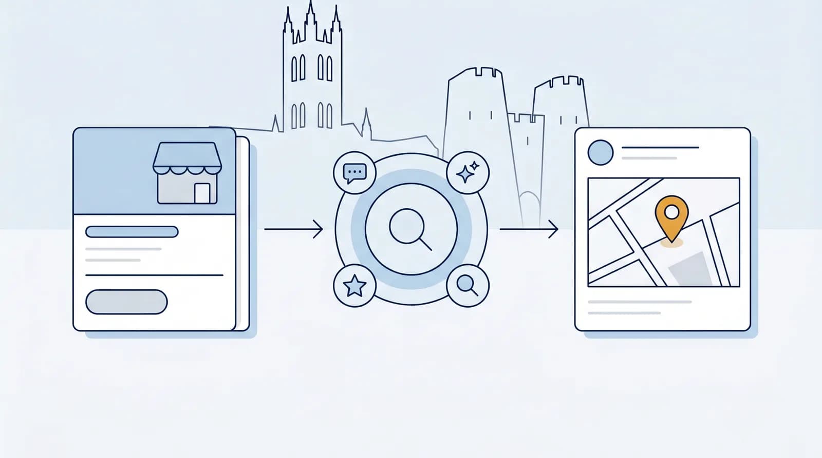 Illustrated local-search flow from a business listing to an AI search node to a Map Pack result pin, with a faint Canterbury landmark silhouette behind