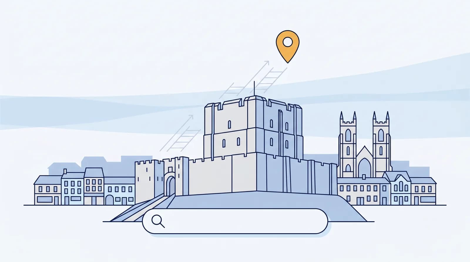 Illustrated Carlisle Castle and cathedral skyline with a local search map pin