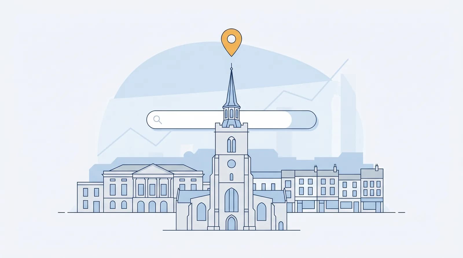 Illustrated Chelmsford Cathedral with the Shire Hall and a local search map pin