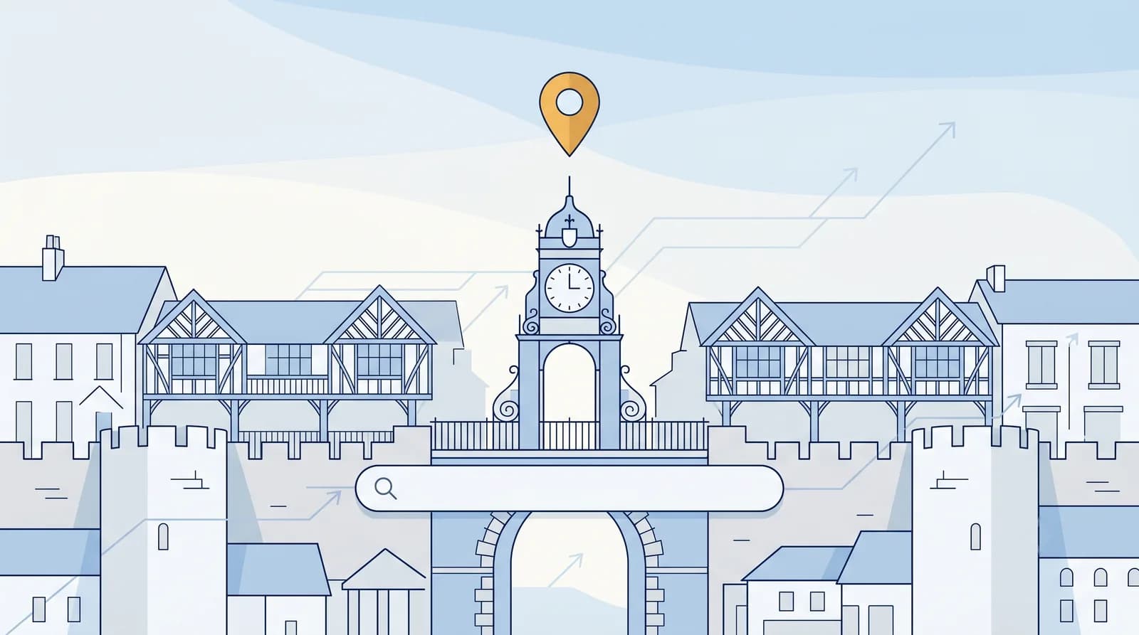 Illustrated Chester skyline with the Eastgate Clock on the Roman walls and a local search map pin