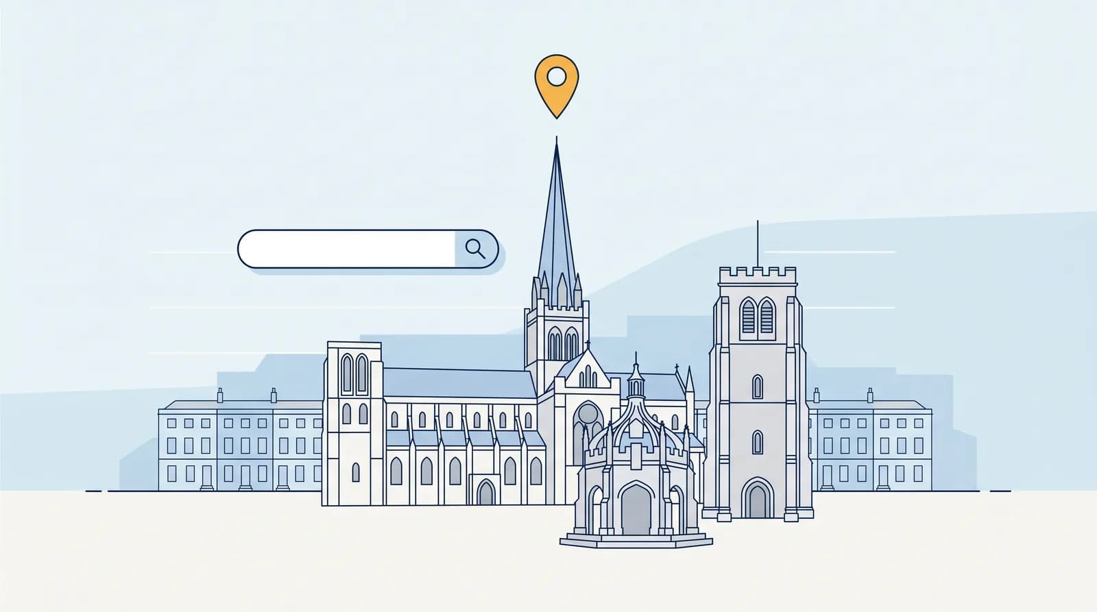 Illustrated Chichester Cathedral skyline with a map pin, representing local SEO for Chichester businesses