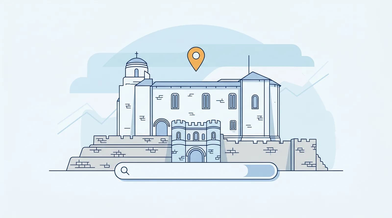 Illustrated Colchester Castle and Roman town walls with a local search map pin