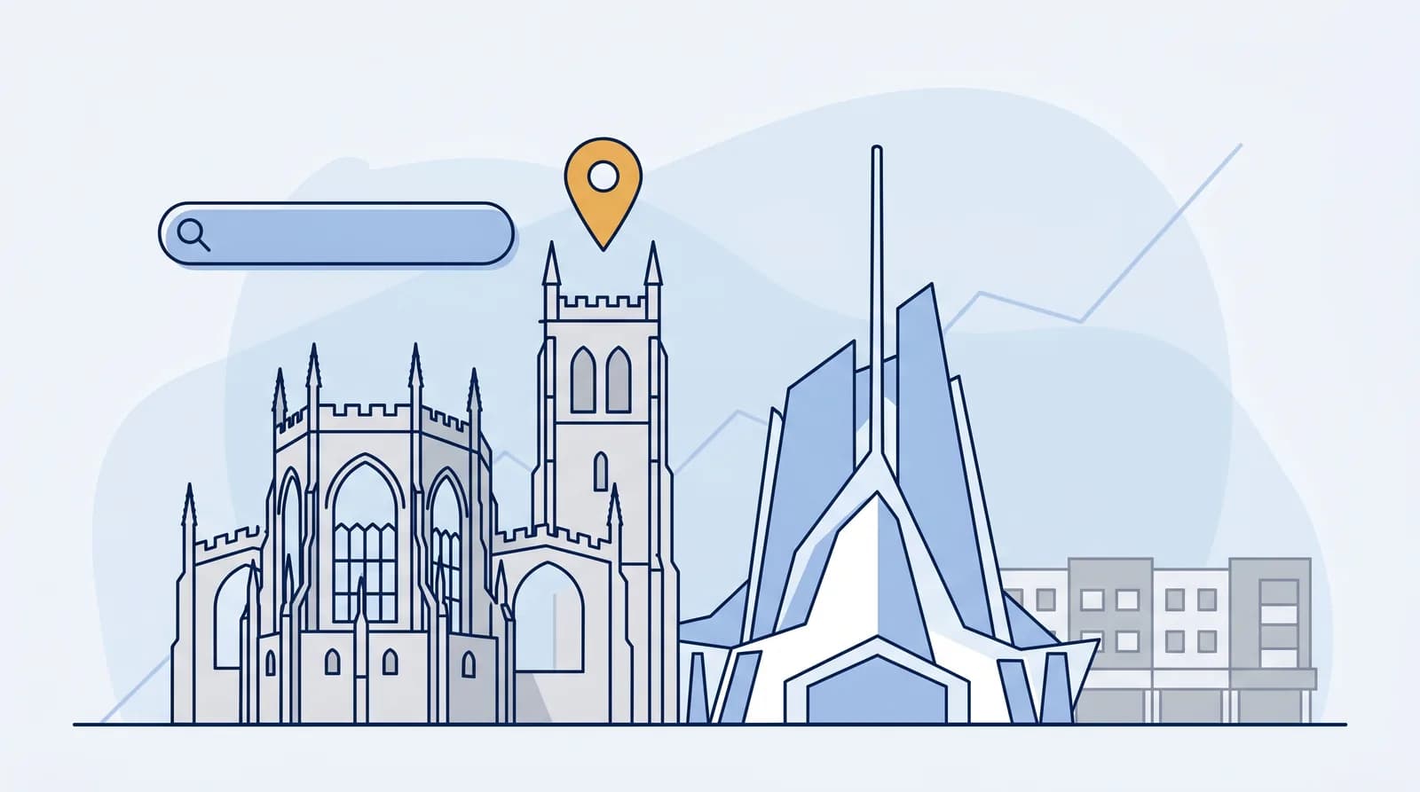 Illustrated Coventry Cathedral ruins beside the new cathedral with a local SEO map pin