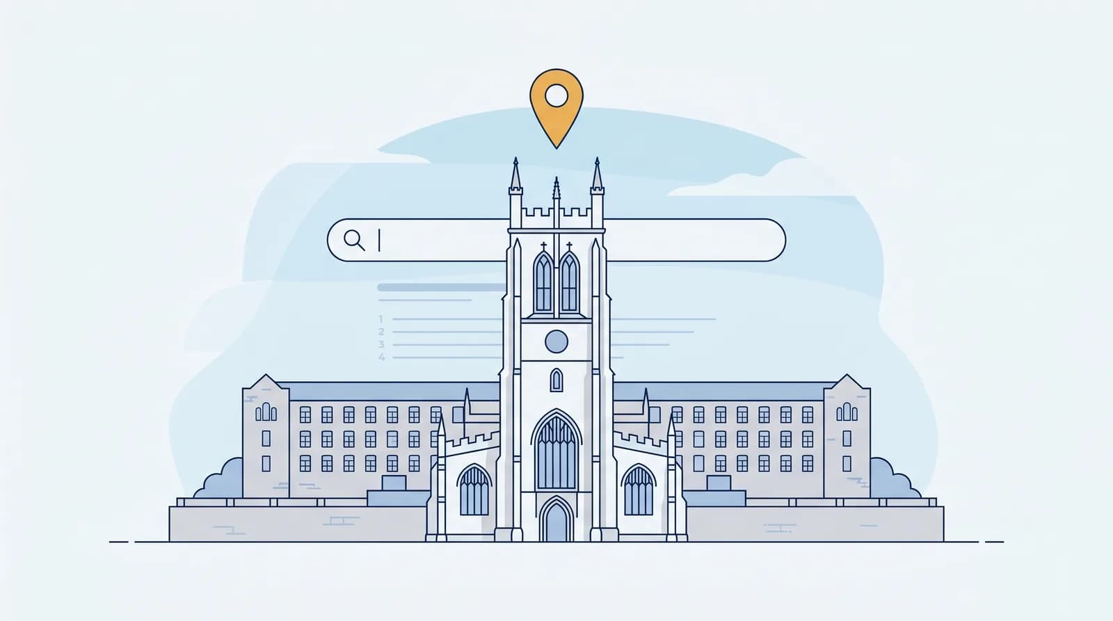 Illustrated Derby Cathedral skyline with amber map pin for local SEO