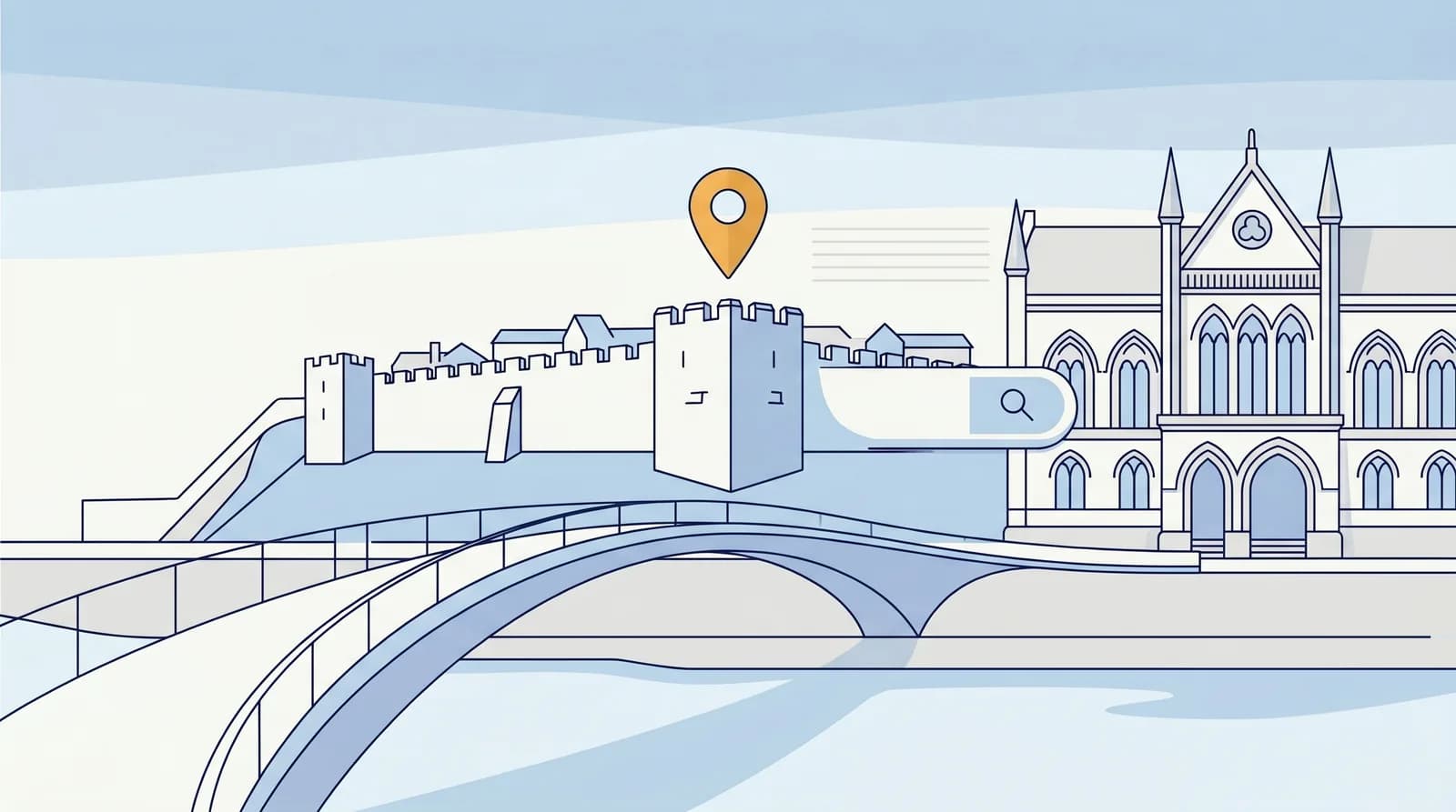 Illustrated Derry city walls with Peace Bridge and Guildhall in a flat vector local SEO style