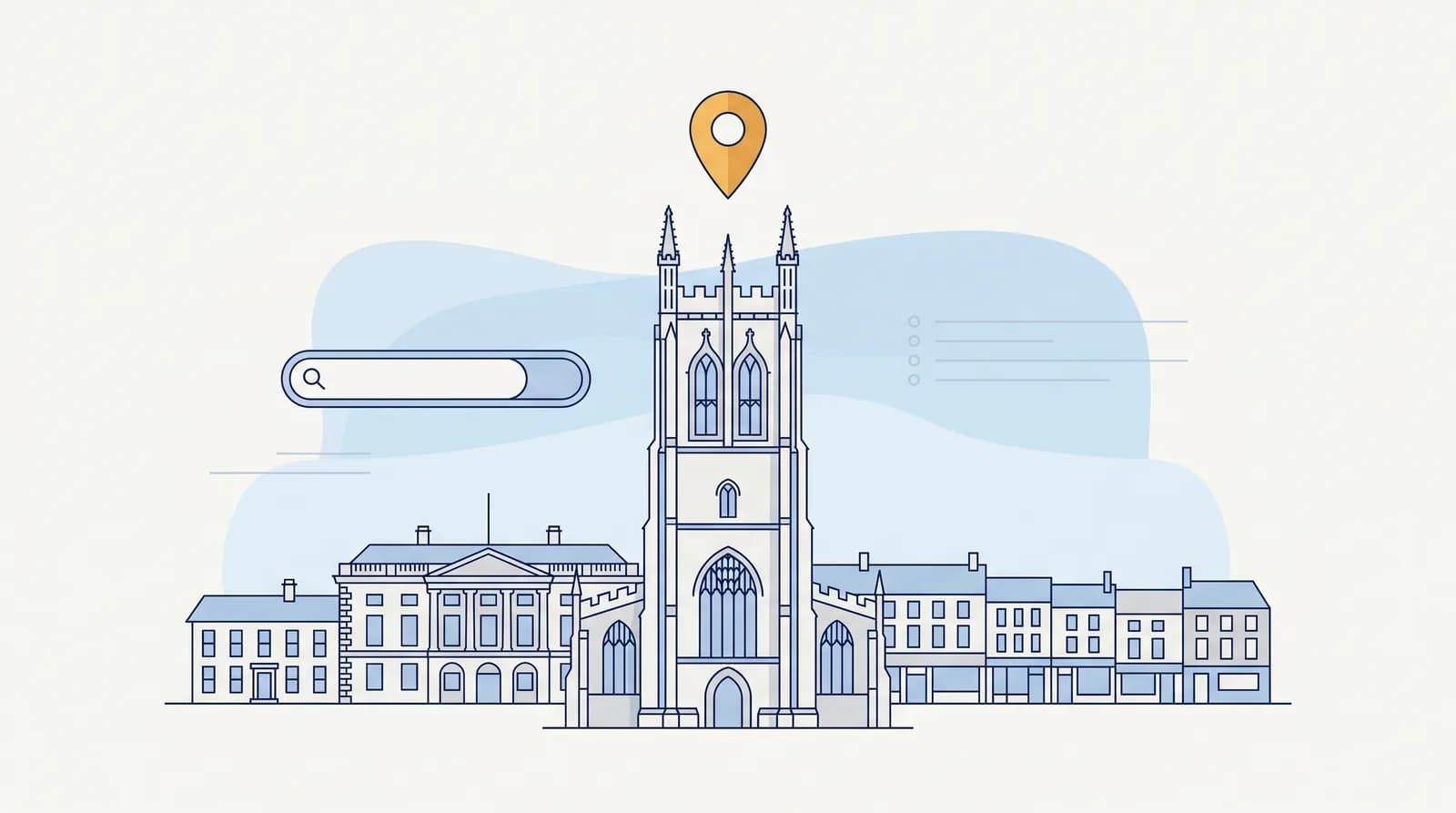 Illustrated Doncaster Minster and market-town streets with a local search map pin