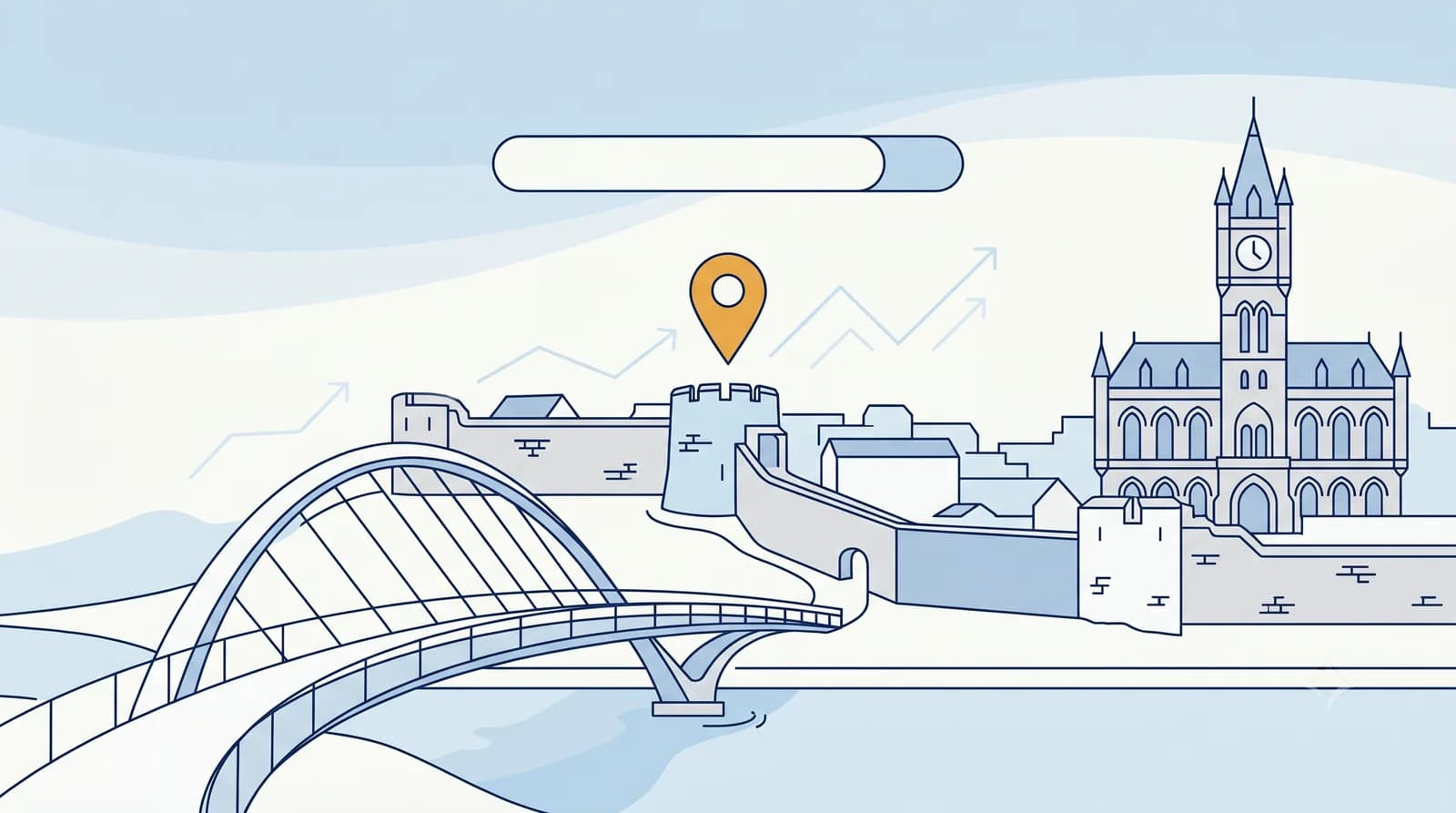 Illustrated local-search flow from a business listing to an AI search node to a Map Pack result pin, with a faint Doncaster landmark silhouette behind