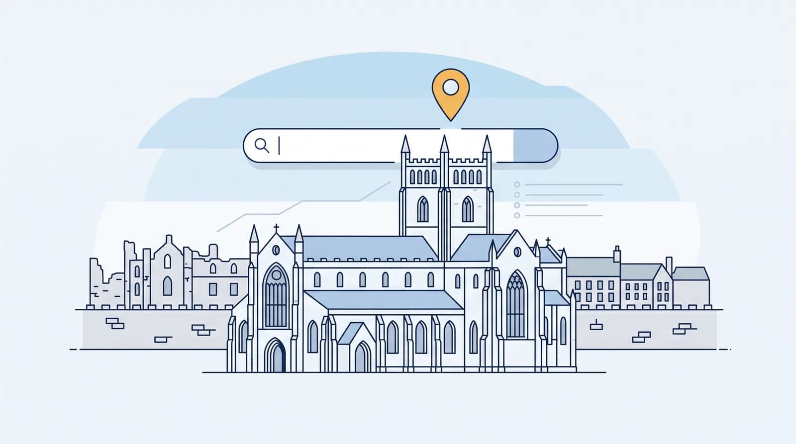 Illustrated Dundee waterfront with V&A Museum and a local search map pin