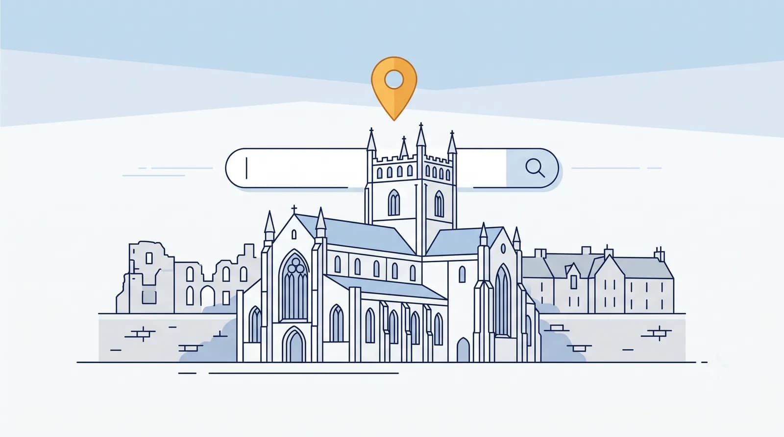 Illustrated Dunfermline Abbey skyline with Romanesque nave tower and a local search map pin
