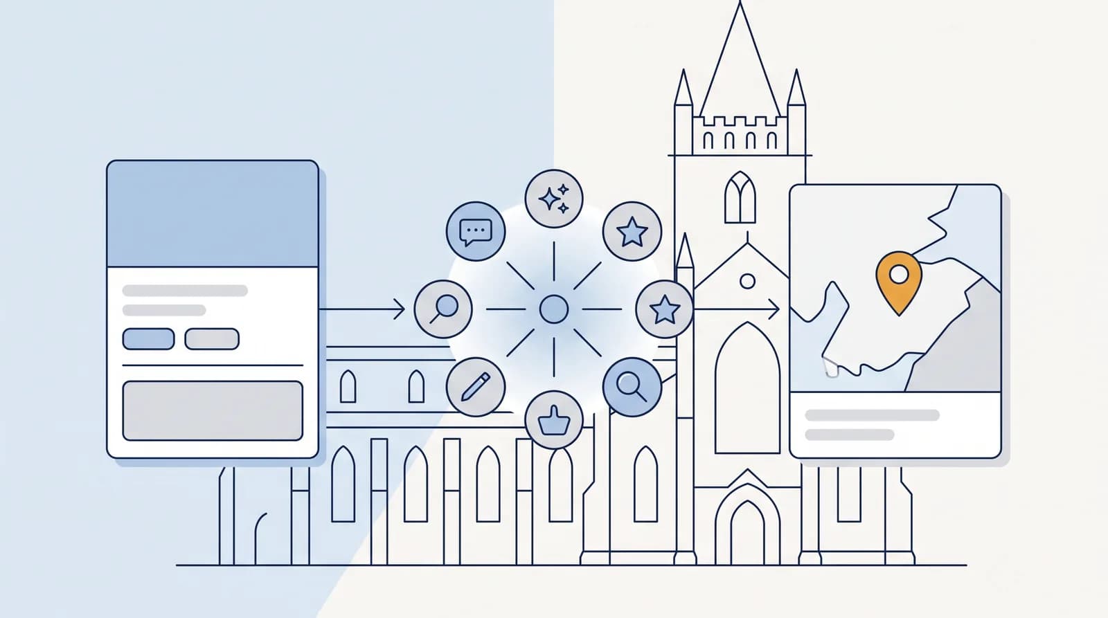 Illustrated local-search flow from a business listing to an AI search node to a Map Pack result pin, with a faint Dunfermline landmark silhouette behind