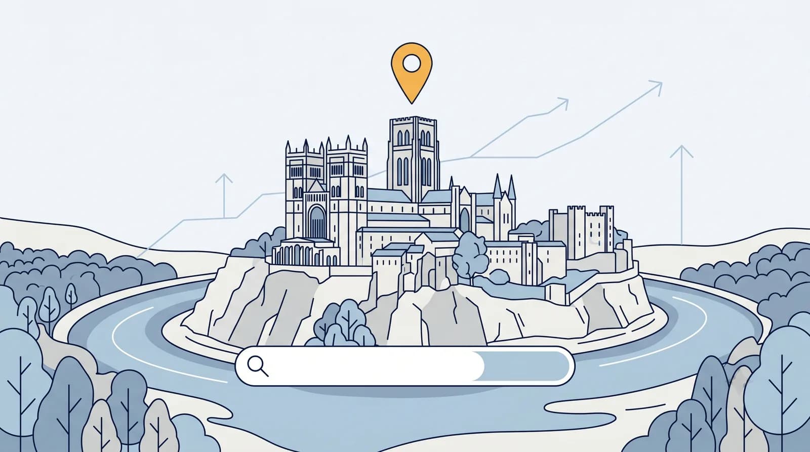 Illustrated Durham Cathedral and Castle on the peninsula with a local search map pin