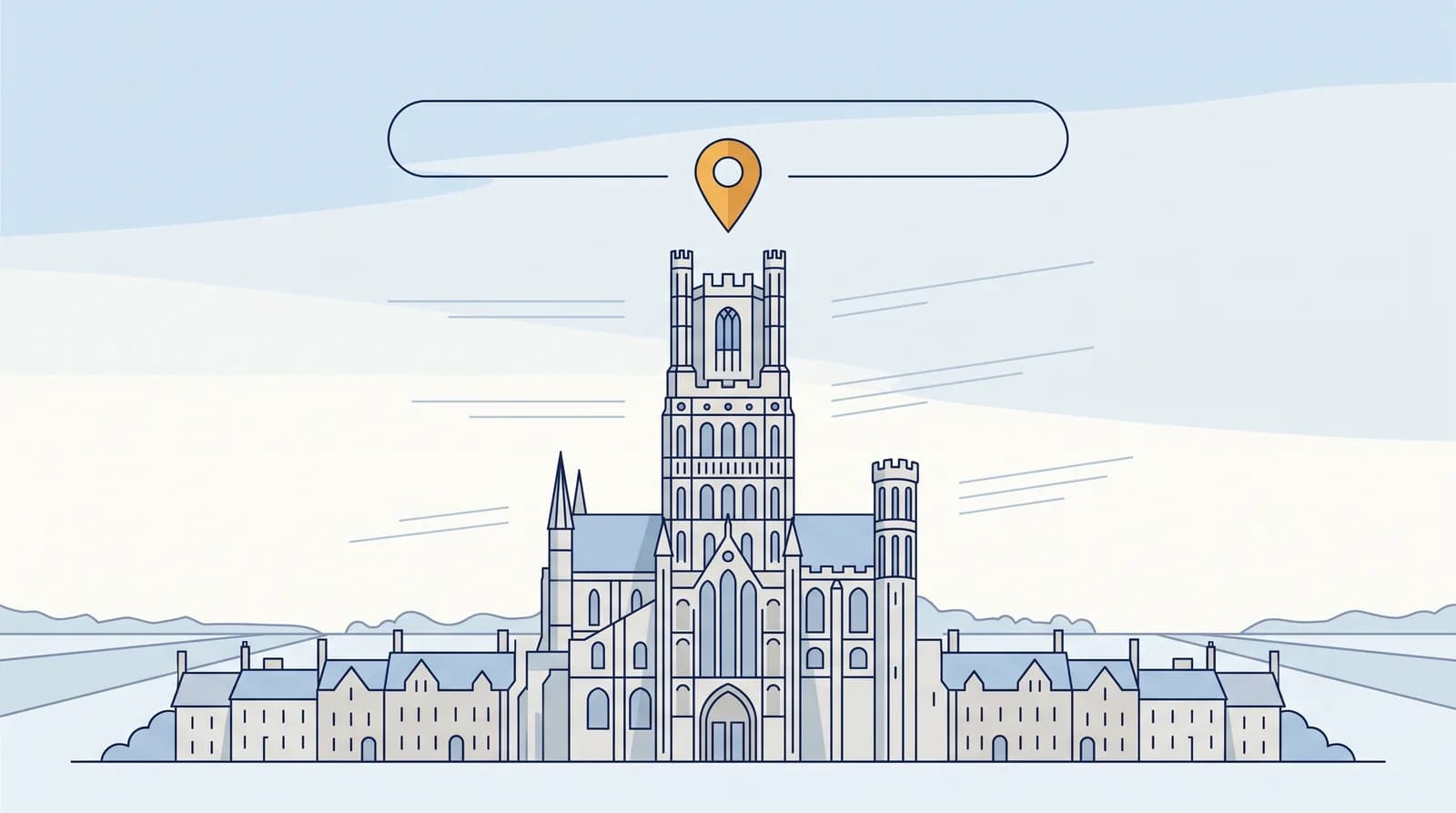 Illustrated Ely Cathedral and the Fens with a local search map pin