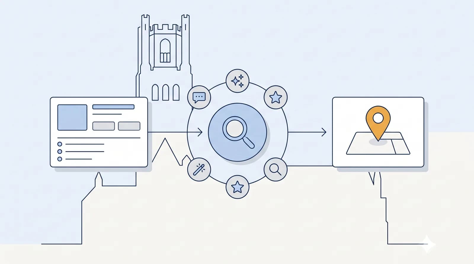 Illustrated local-search flow from a business listing to an AI search node to a Map Pack result pin, with a faint Ely landmark silhouette behind