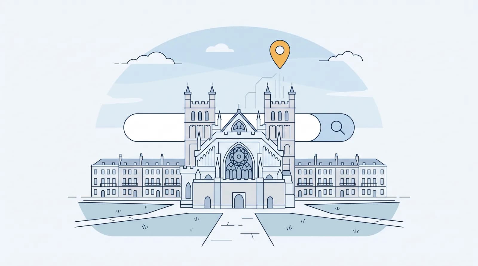 Flat vector illustration of Exeter Cathedral with map pin and local search elements