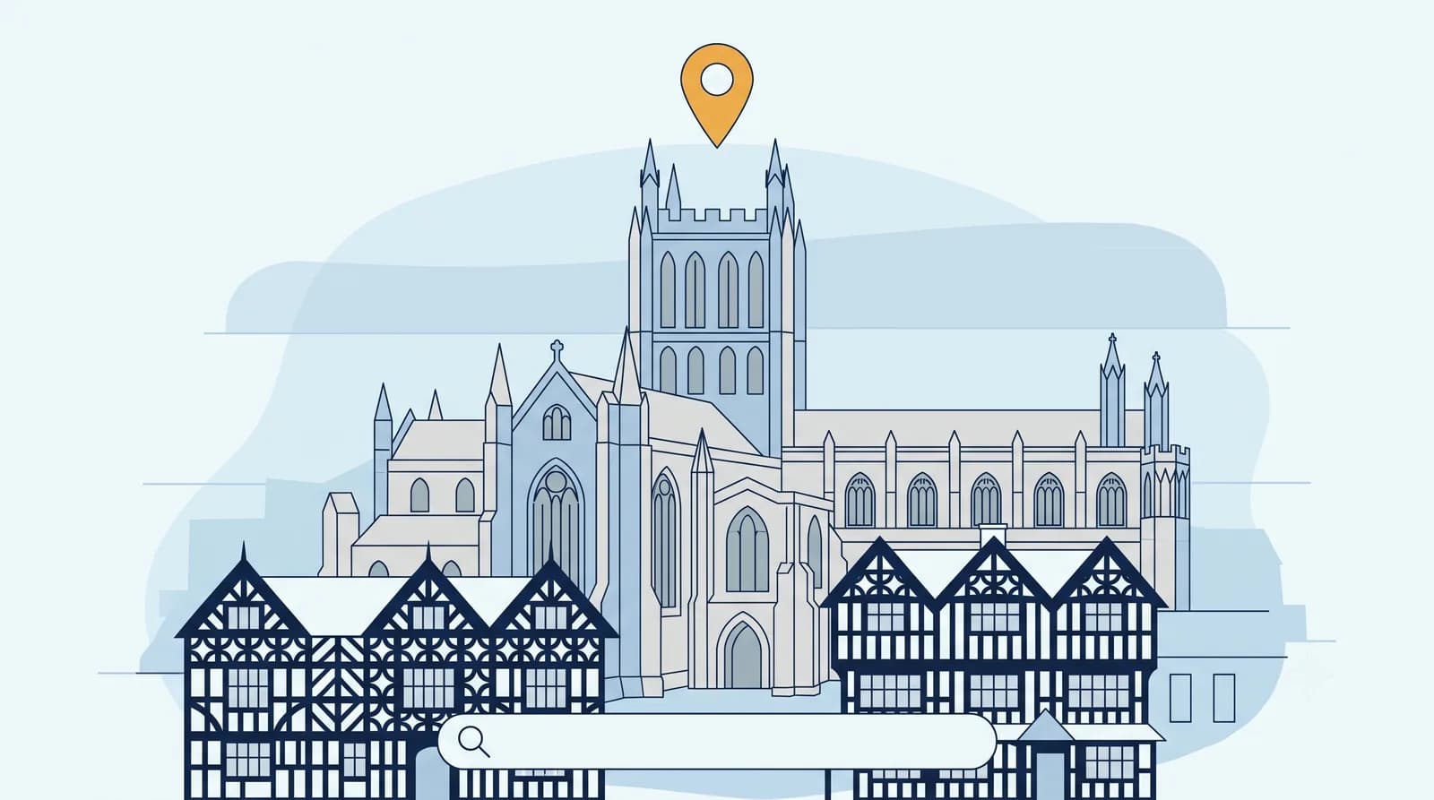 Illustrated Hereford Cathedral and black-and-white Old House with a local search map pin