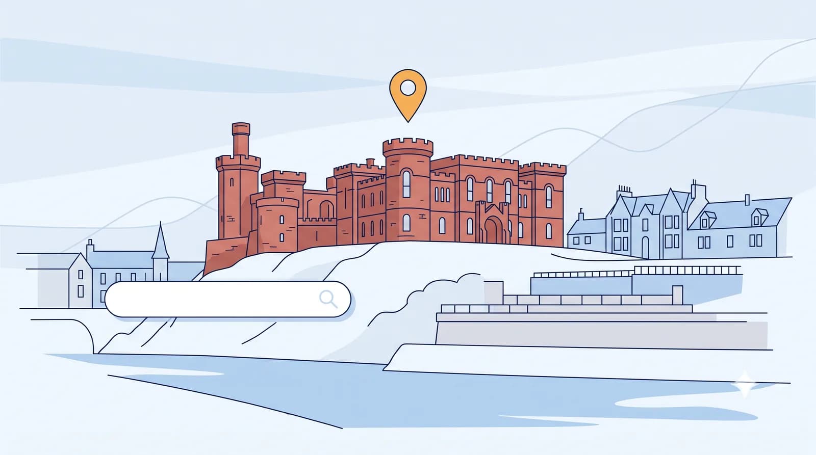 Illustrated Inverness Castle with the River Ness and a local search map pin