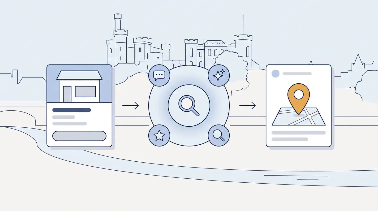 Illustrated local-search flow from a business listing to an AI search node to a Map Pack result pin, with a faint Inverness landmark silhouette behind