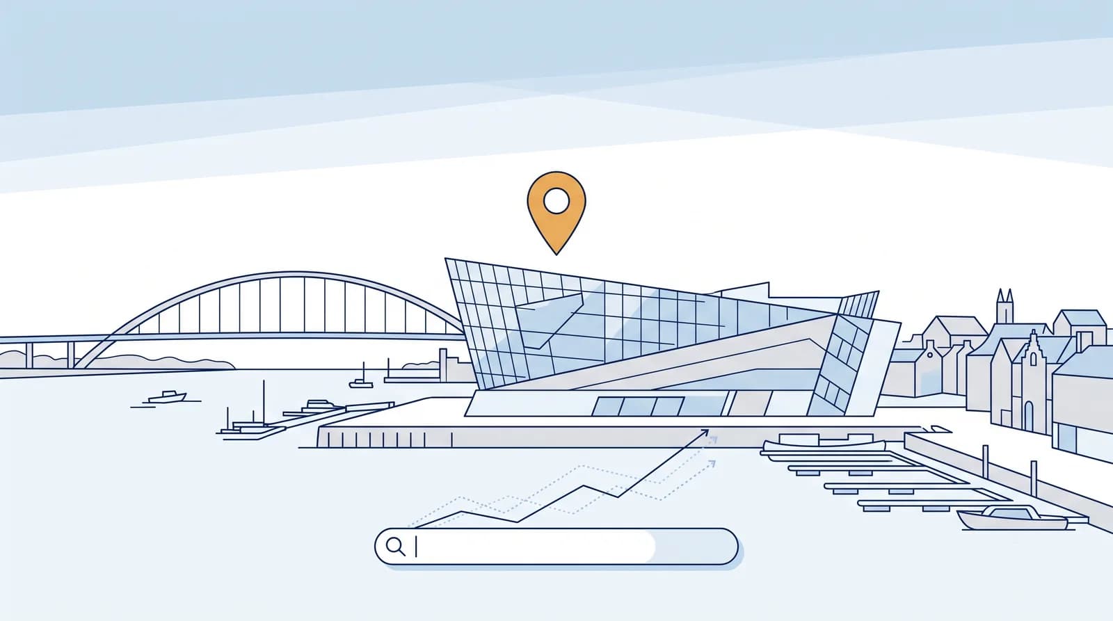 Illustrated Kingston upon Hull waterfront with The Deep aquarium, Humber Bridge silhouette and a local search map pin