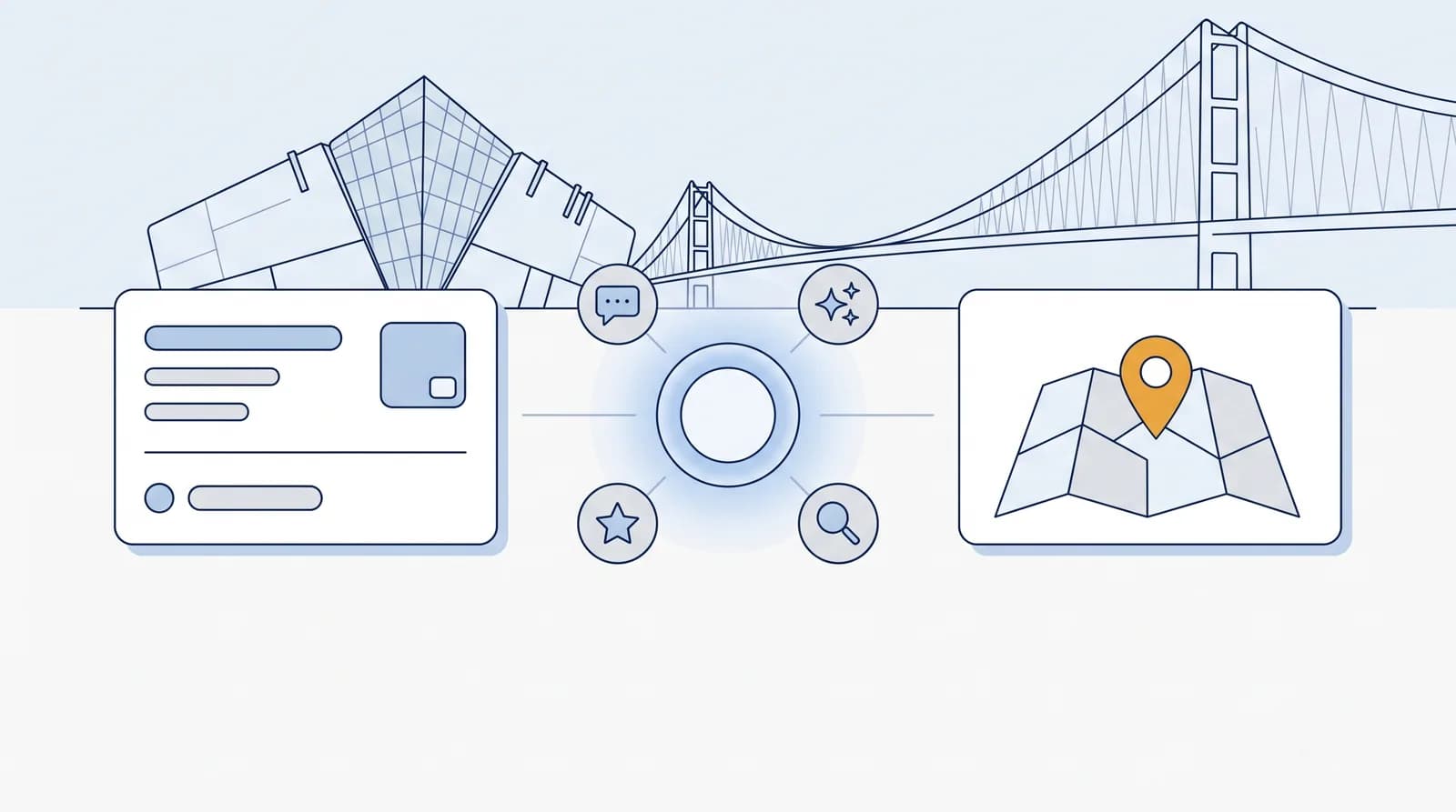 Illustrated local-search flow from a business listing to an AI search node to a Map Pack result pin, with a faint Kingston upon Hull landmark silhouette behind