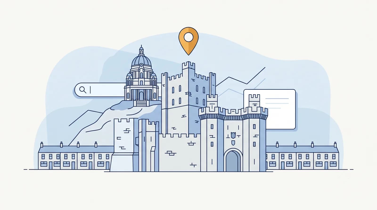 Illustrated Lancaster Castle and Ashton Memorial skyline with a local search map pin