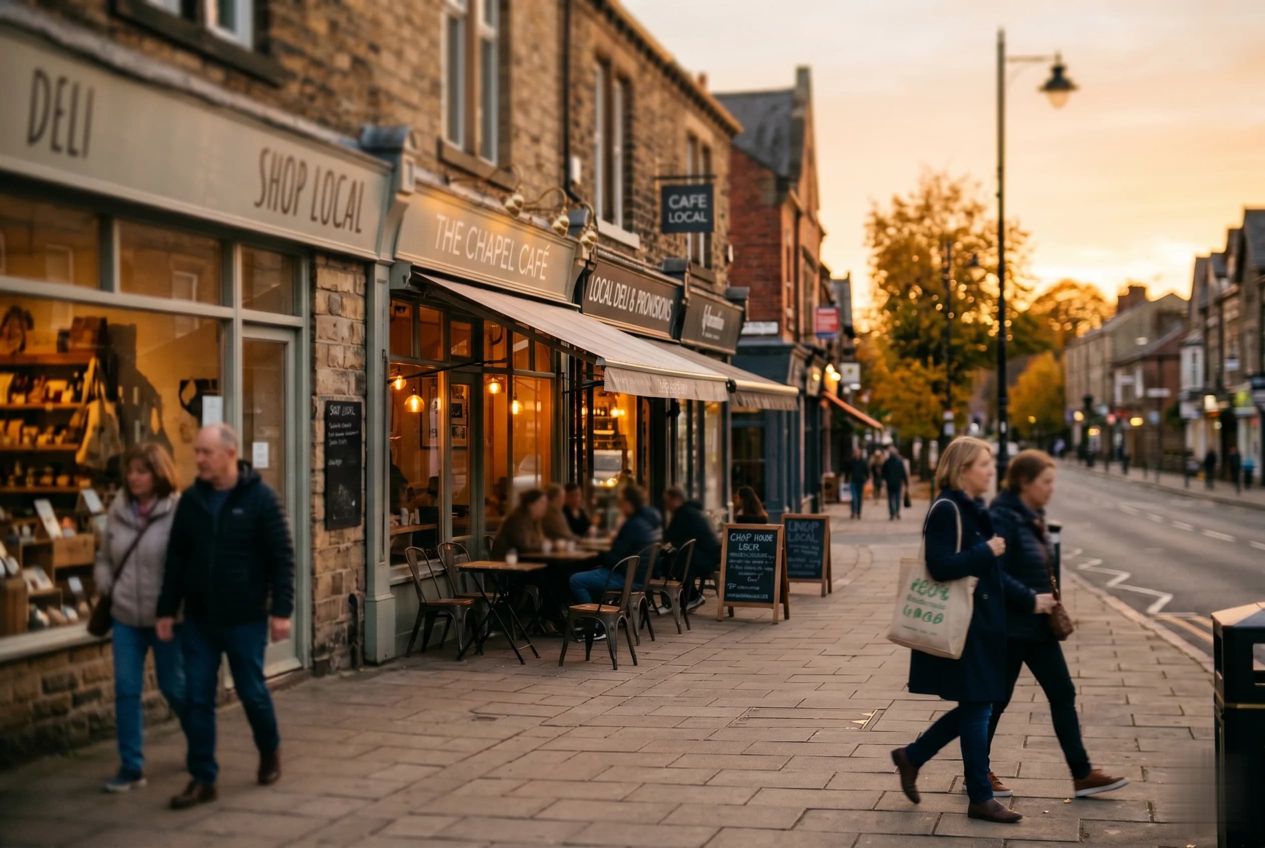 Leeds independent high street at golden hour with local shopfronts, independent retailers found by nearby customers through local SEO