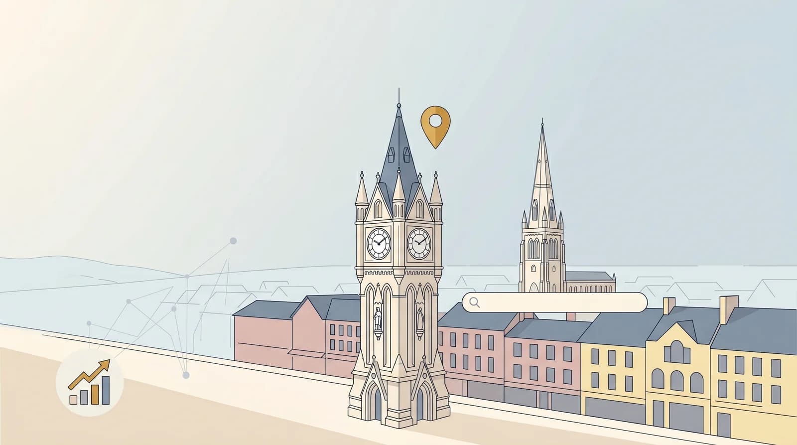 Illustrated Leicester skyline with the Clock Tower and local search map pin