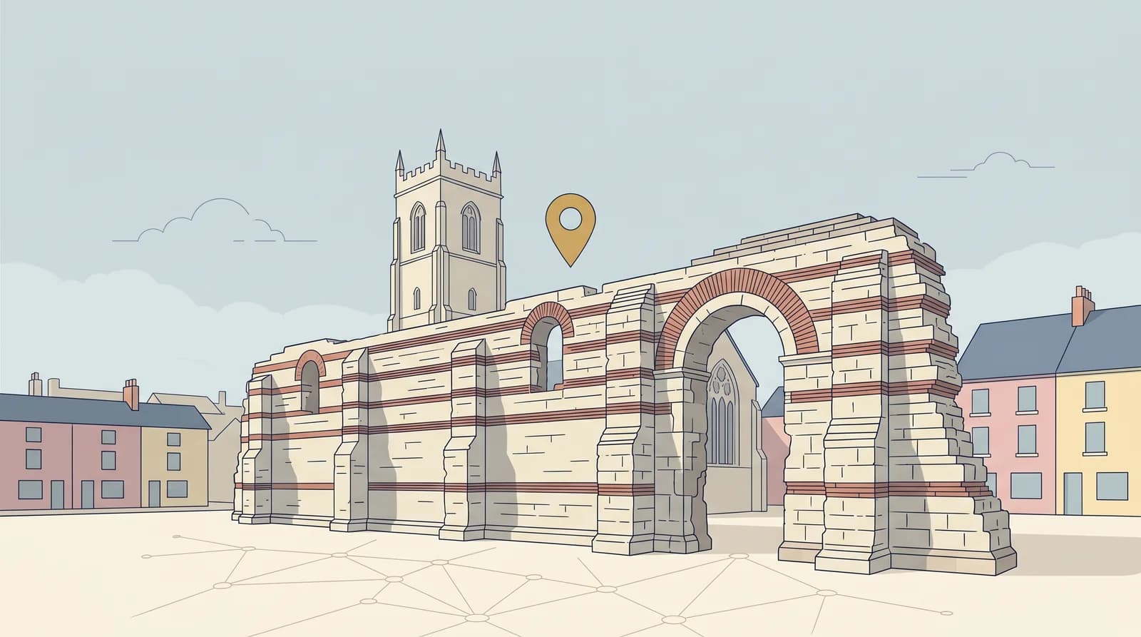 Illustrated local-search flow from a business listing to an AI search node to a Map Pack result pin, with a faint Leicester landmark silhouette behind