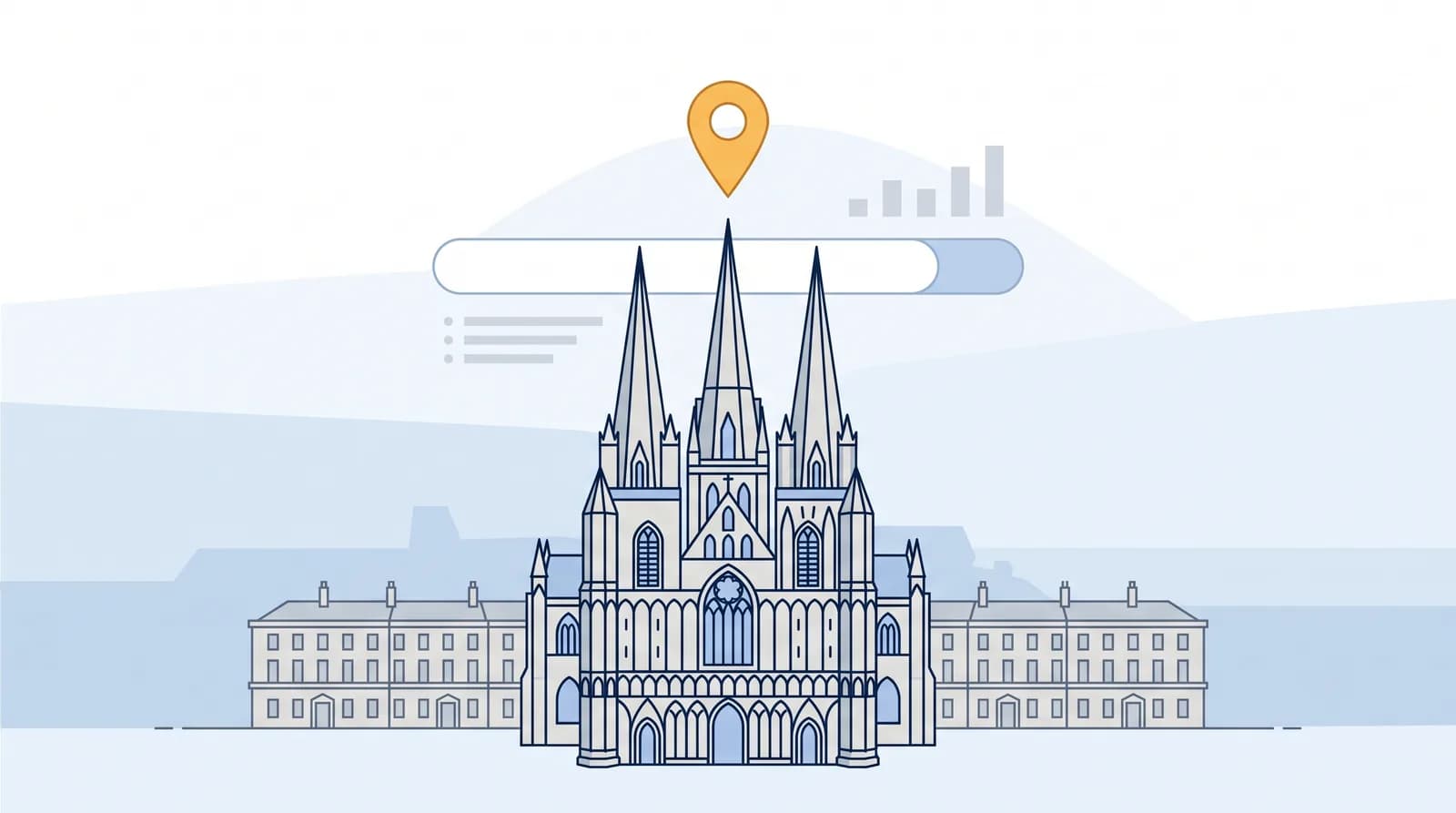 Illustrated Lichfield Cathedral with three sandstone spires and a local search map pin