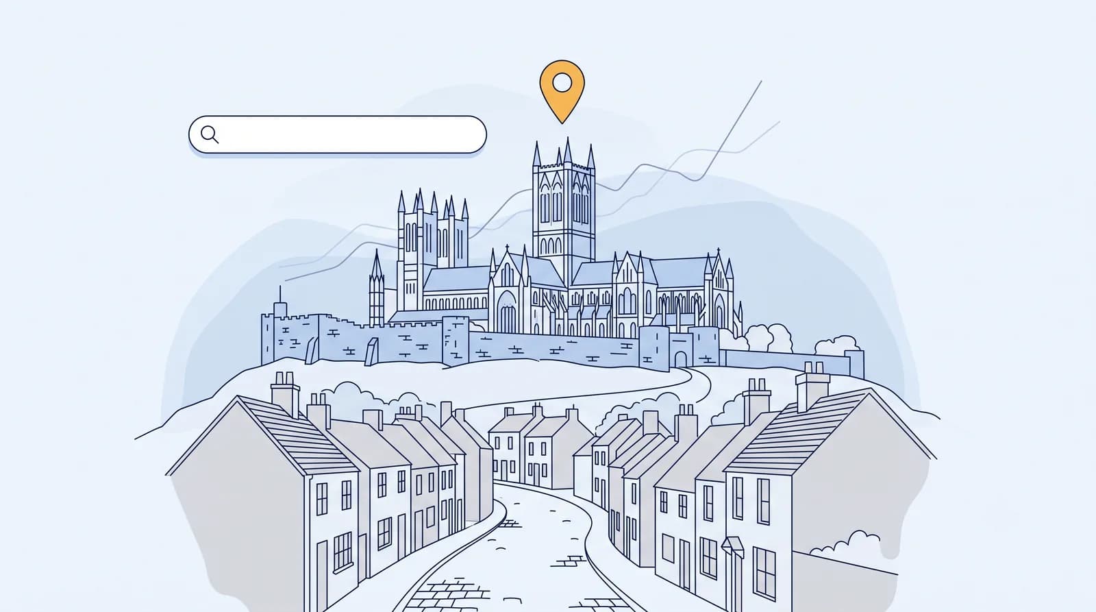 Illustrated Lincoln Cathedral on the hilltop with a stylised search map pin
