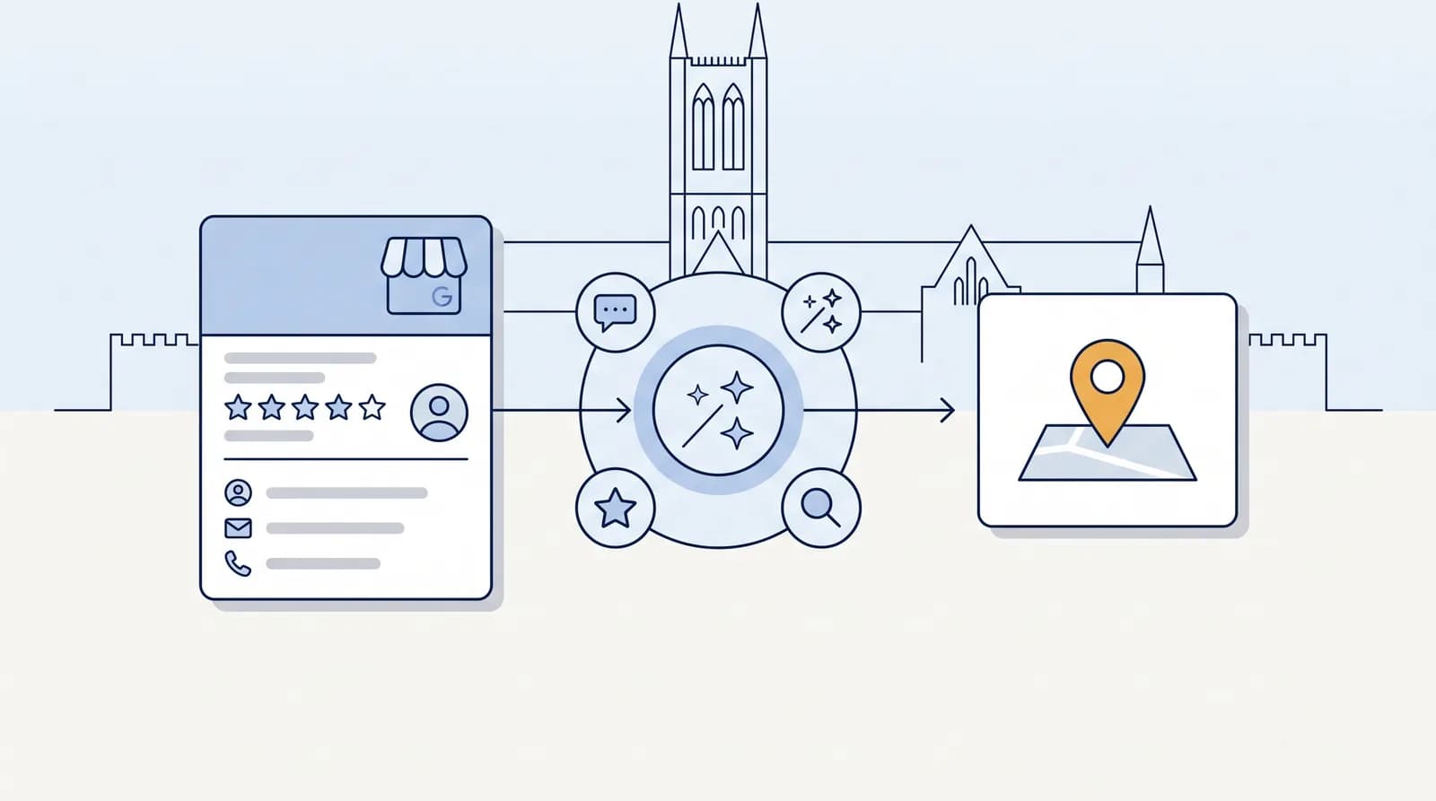 Illustrated local-search flow from a business listing to an AI search node to a Map Pack result pin, with a faint Lincoln landmark silhouette behind