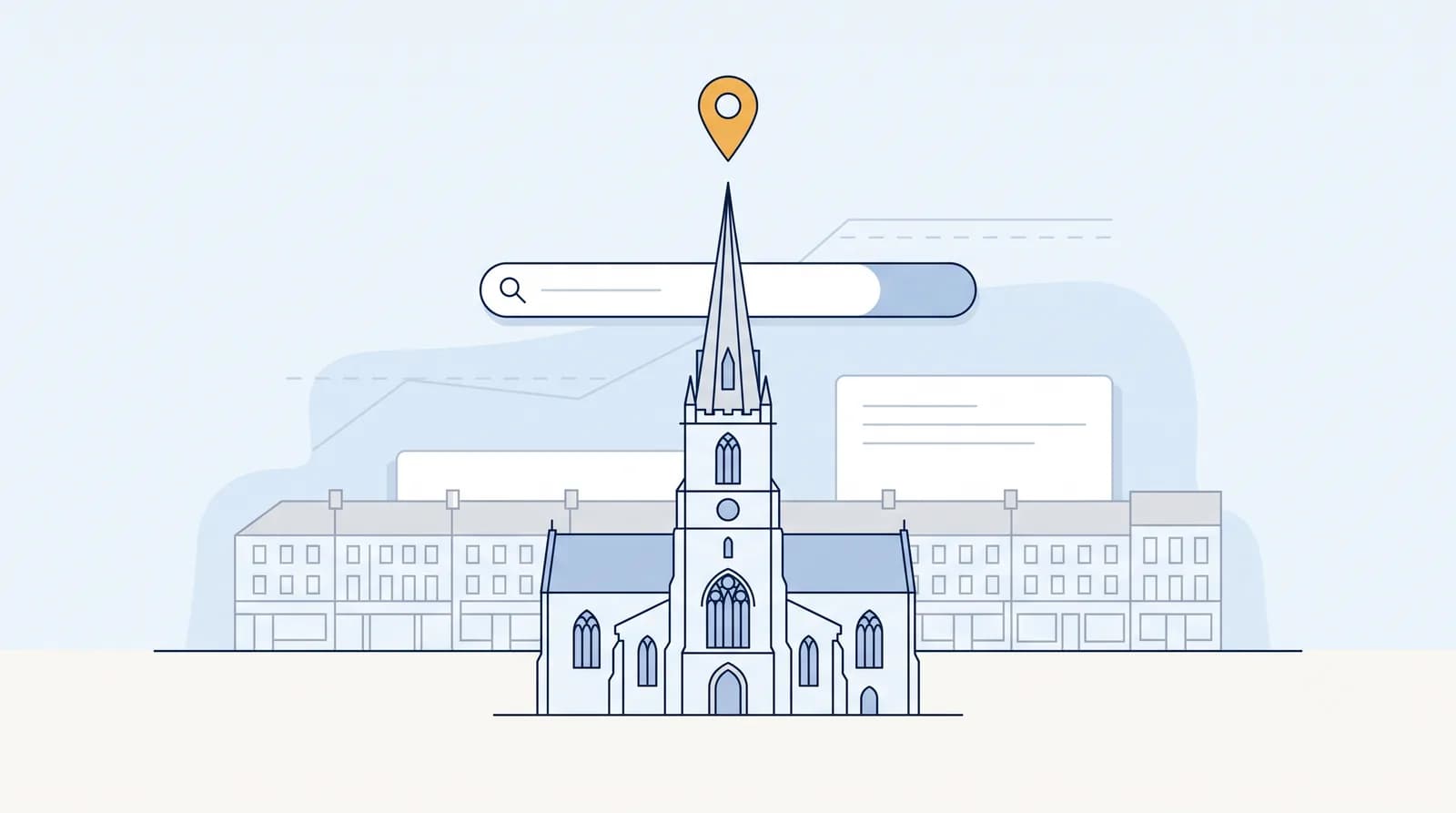 Illustrated Lisburn Cathedral and Market Square with a local search map pin