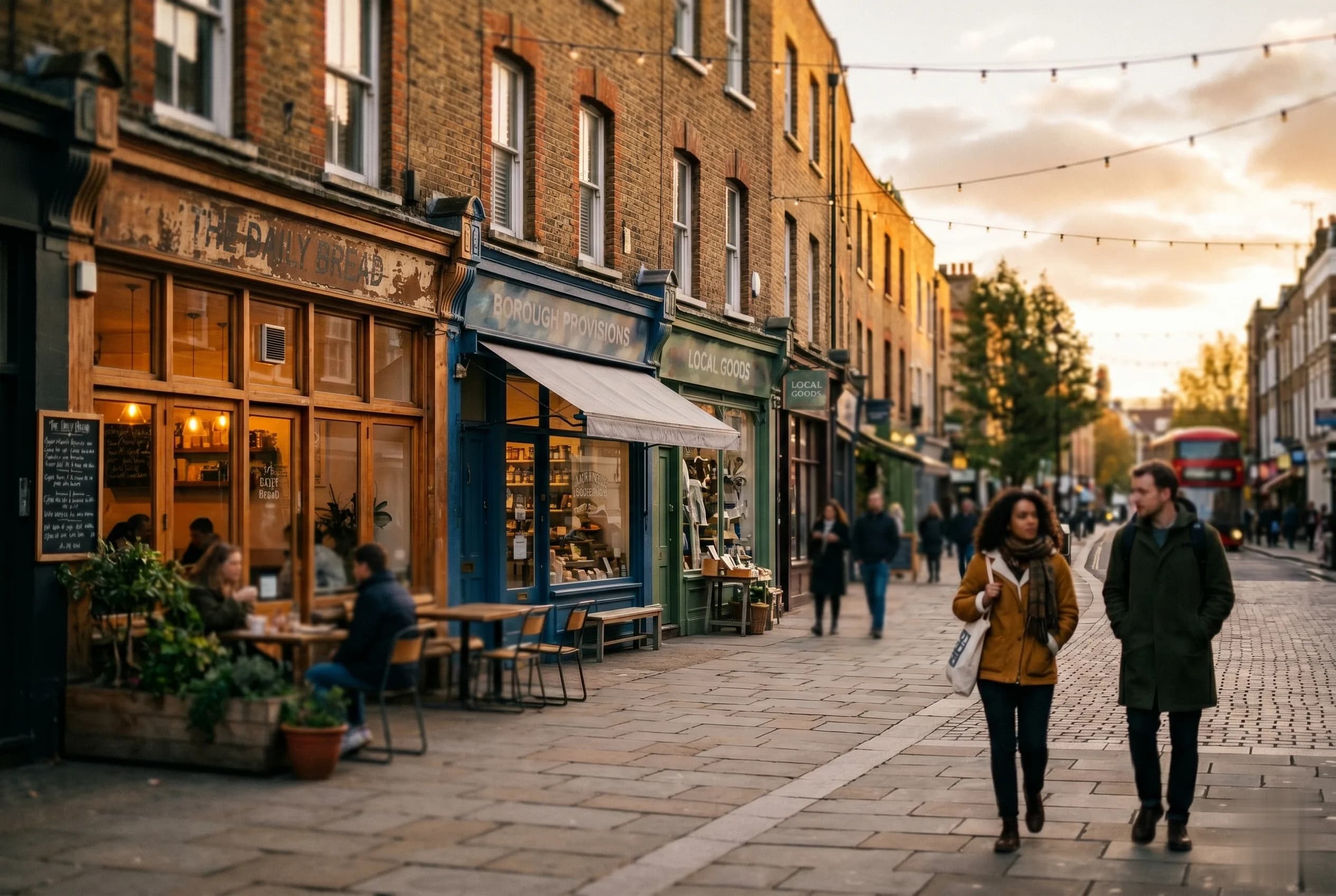 London independent high street in Shoreditch or Islington at golden hour with independent shops, local businesses found by nearby customers through local SEO