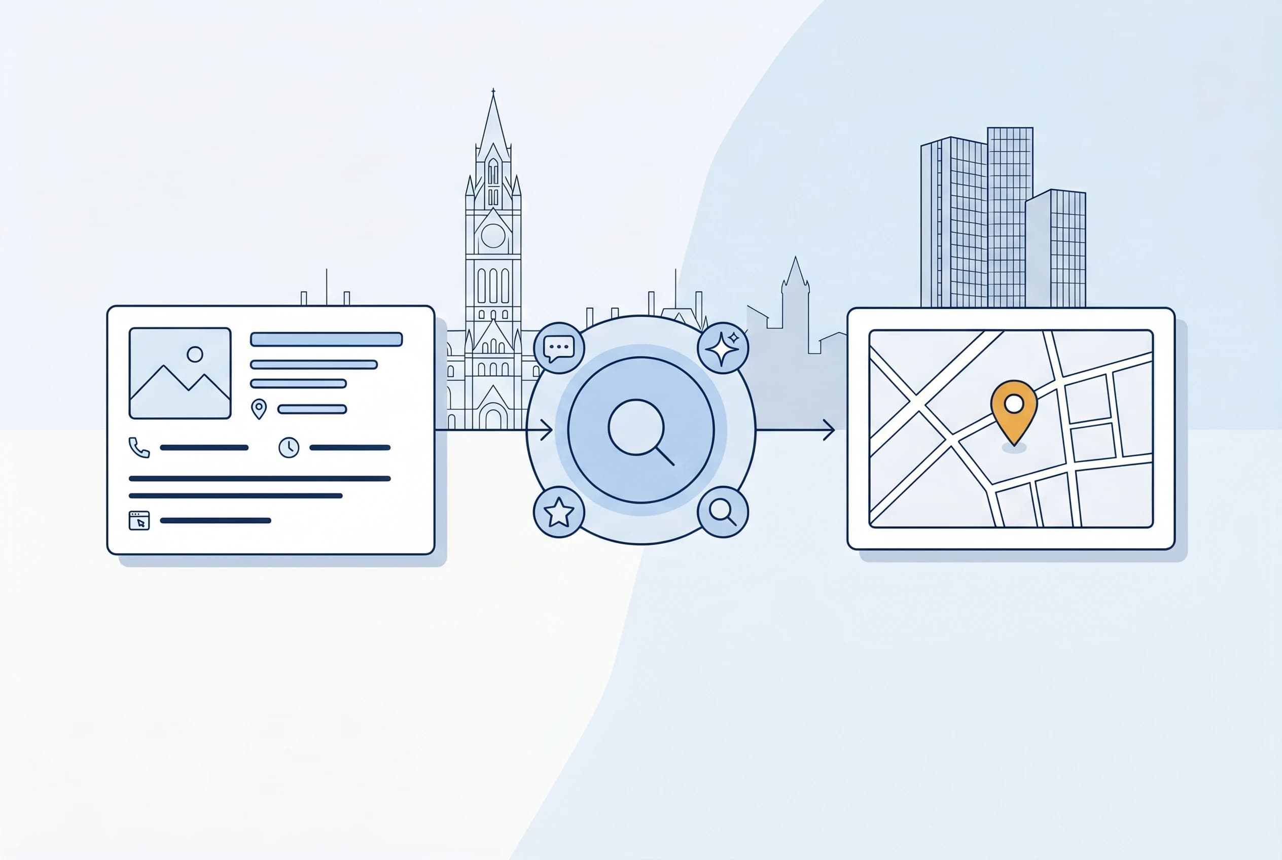 Illustrated local search flow from listing to AI search to a result map pin, with a faint Manchester Town Hall silhouette behind