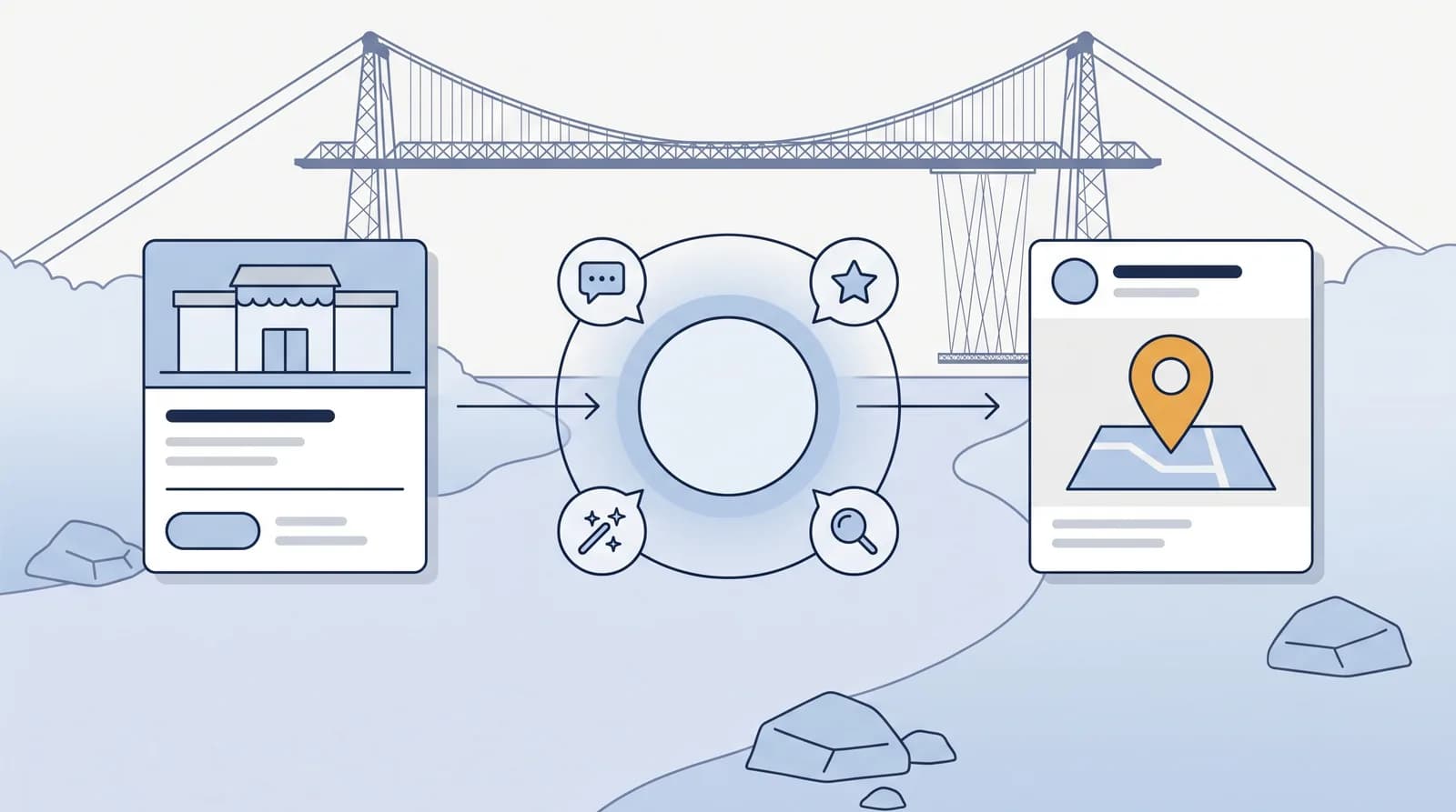 Illustrated local-search flow from a business listing to an AI search node to a Map Pack result pin, with a faint Newport landmark silhouette behind