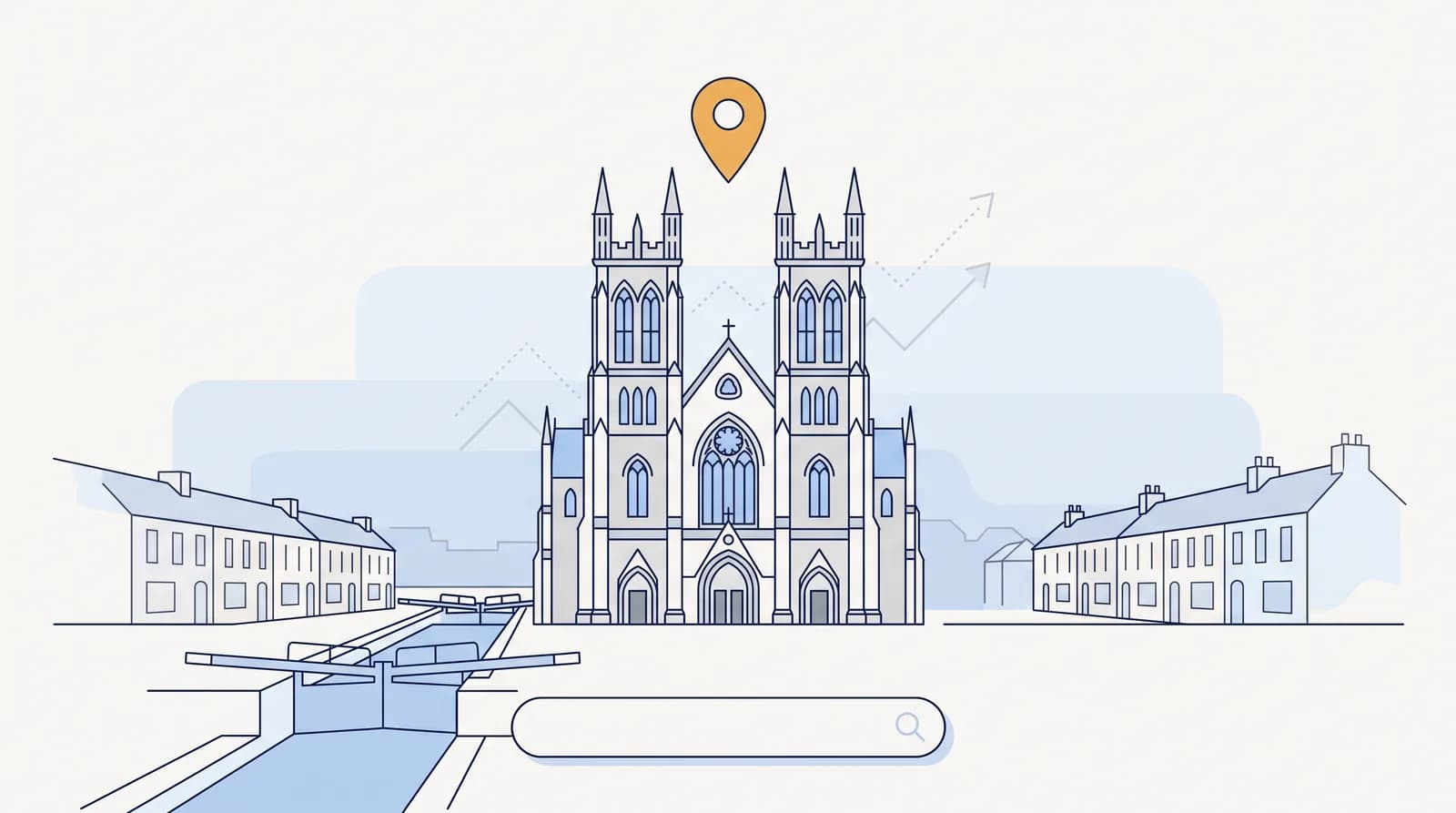 Illustrated Newry Cathedral and Canal with local search map pin