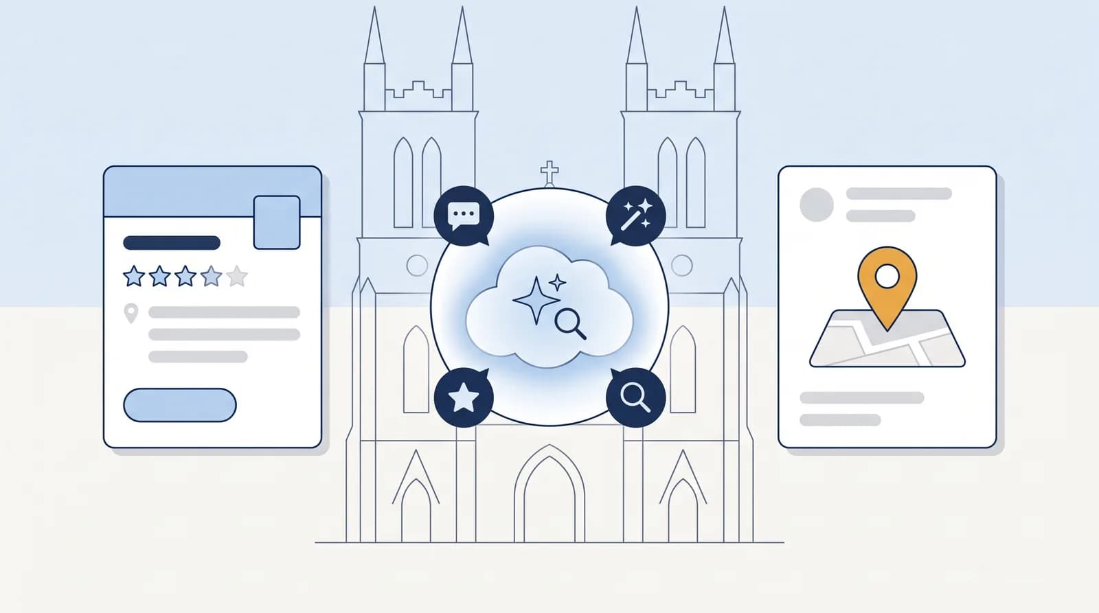 Illustrated local-search flow from a business listing to an AI search node to a Map Pack result pin, with a faint Newry landmark silhouette behind
