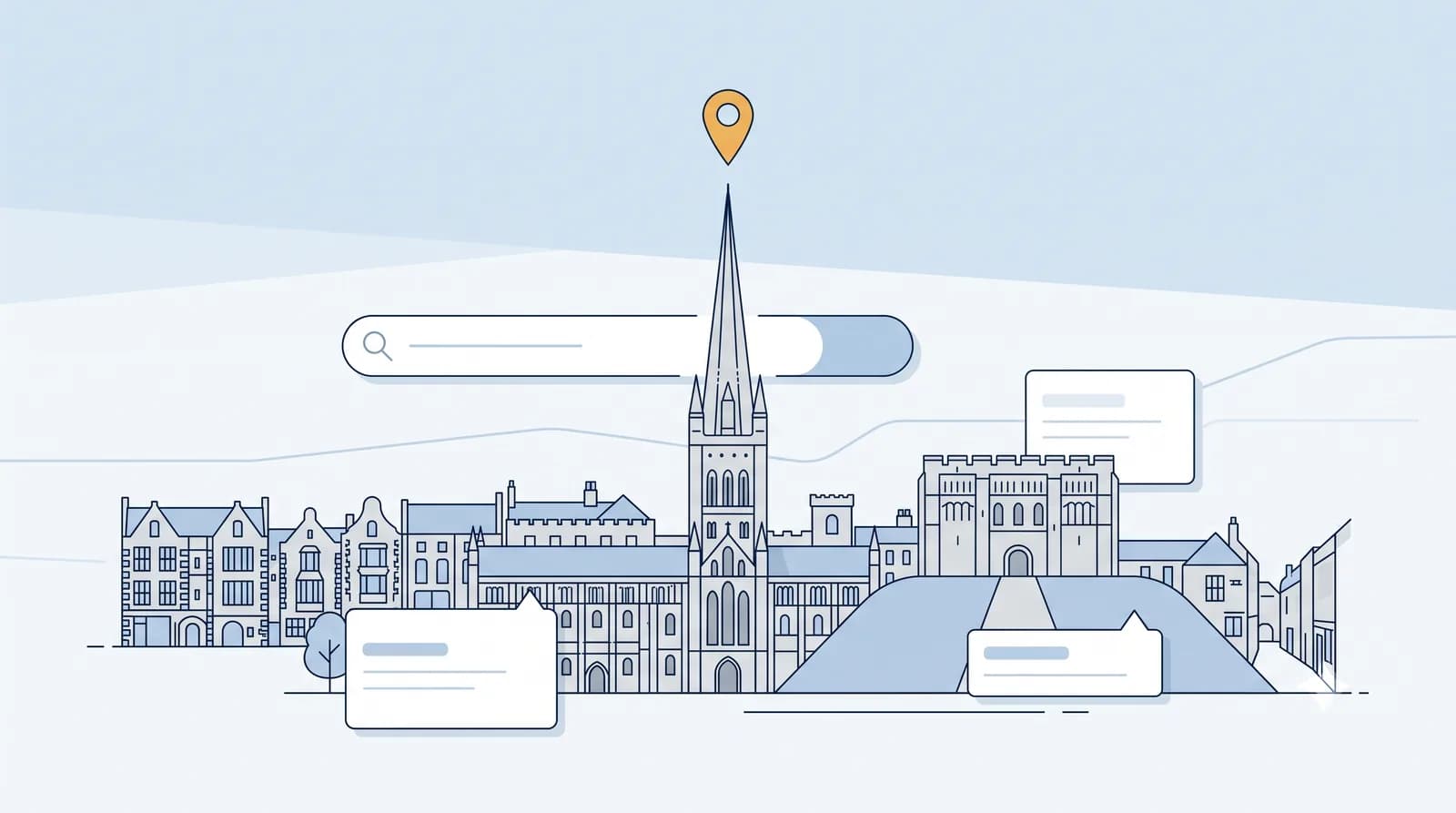 Illustrated Norwich Cathedral and Castle skyline with a local search map pin