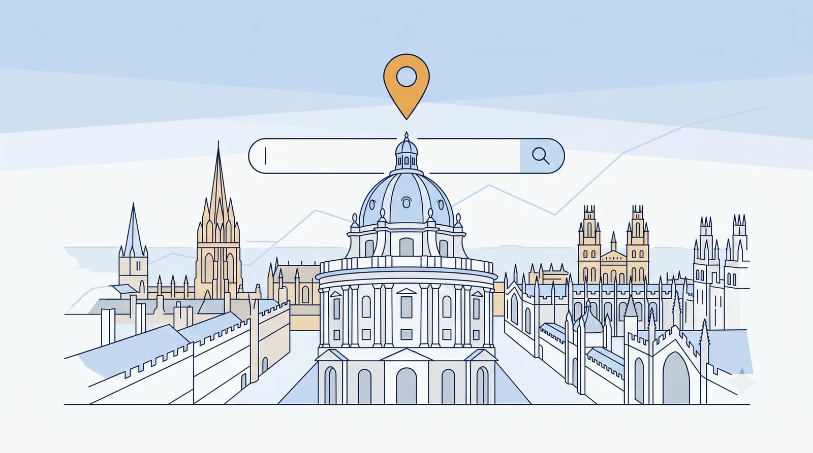 Illustrated Oxford skyline with the Radcliffe Camera and local search map pin