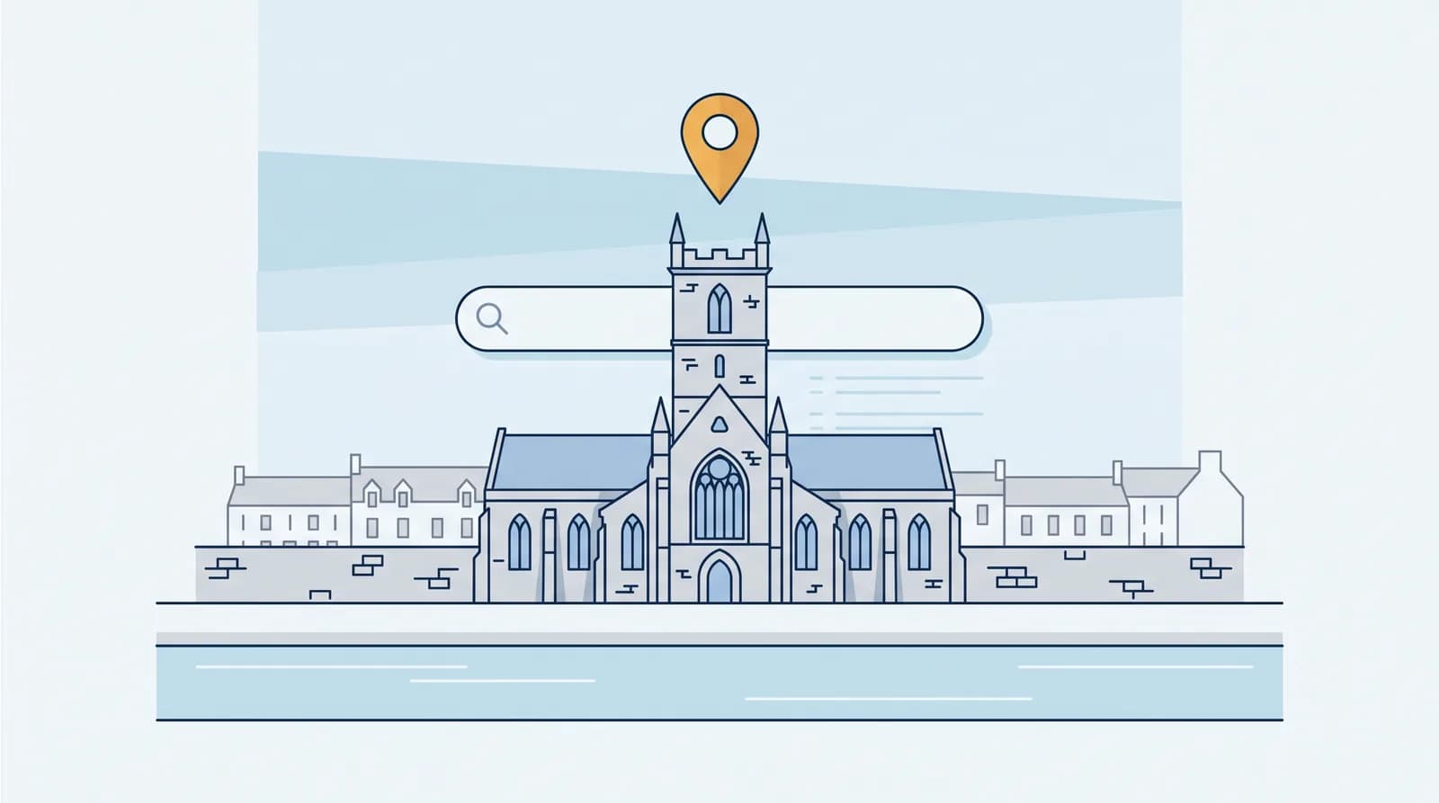 Illustrated Perth skyline with St John's Kirk and River Tay with local search map pin