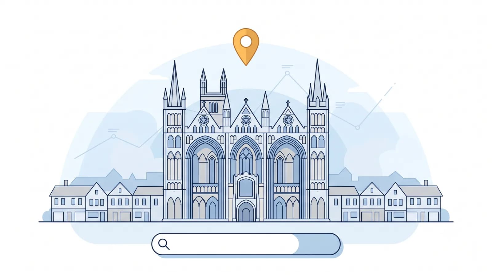Illustrated Peterborough Cathedral with market square and local search map pin