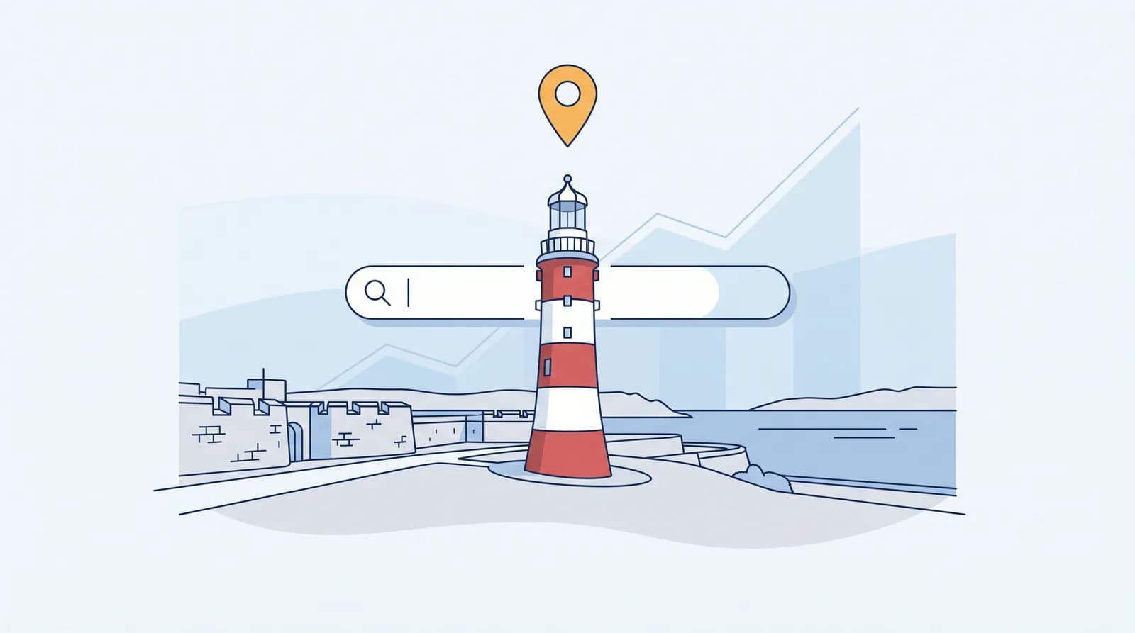 Illustrated Plymouth Hoe with Smeaton's Tower and local search map pin