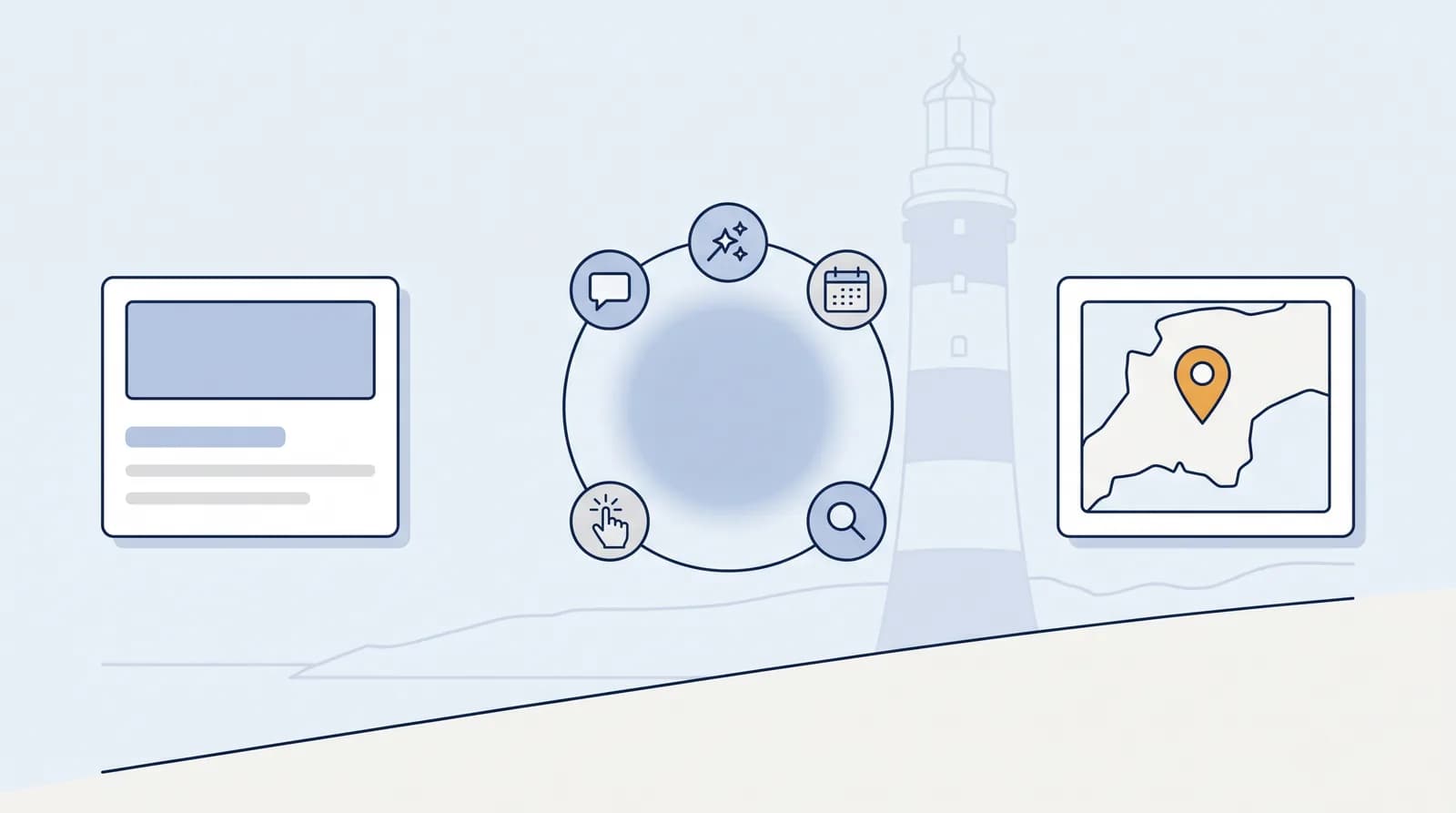 Illustrated local-search flow from a business listing to an AI search node to a Map Pack result pin, with a faint Plymouth landmark silhouette behind